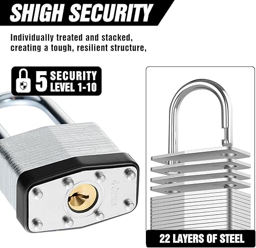 Miniatura 3 de 6 candados con las mismas llaves, acero laminado negro plata (1-916 pulgadas, 1.575 in), grillete largo para cobertizos, puertas, vallas, caja de