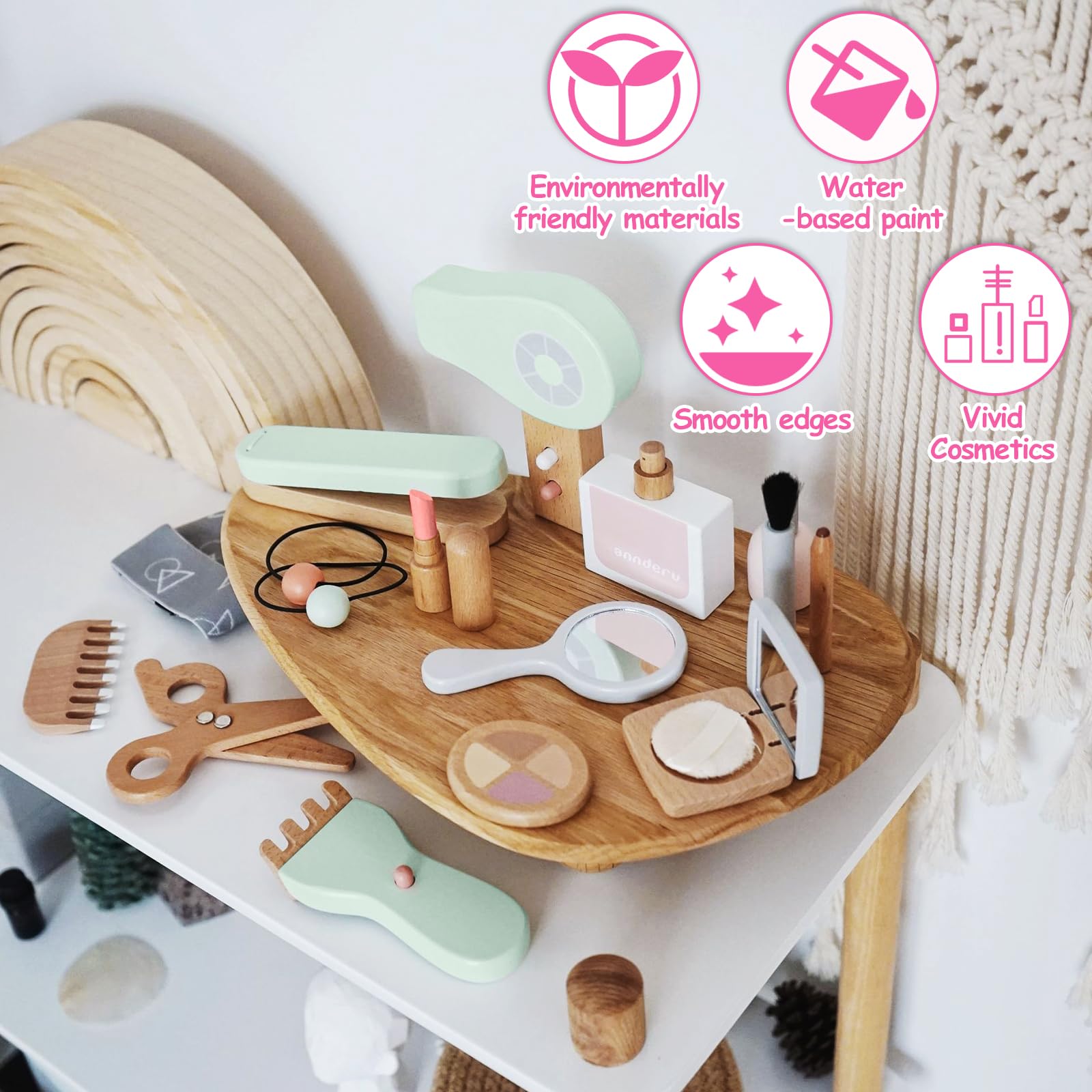 Gerbala Faux Maquillage Enfant Fille en Bois, Kit Beauté Bois, Malette Faux Maquillage, Accessoires Coiffeuse Fille, Coffre à Jouets Coiffure, Cadeau d'anniversaire de Noël pour 3 4 5 6 7 8 Filles