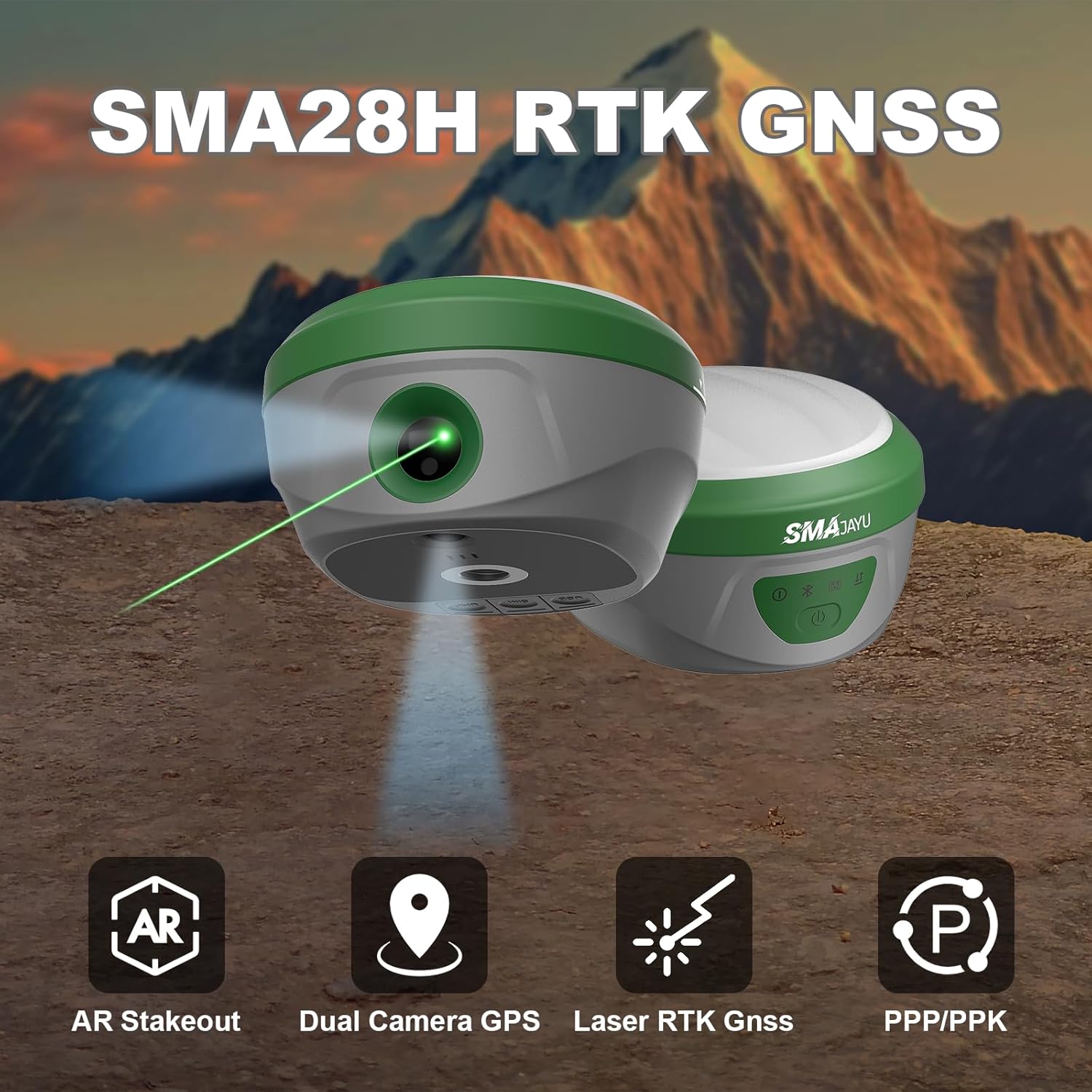 SMA28H Laser RTK GNSS Rover with Collector Permanent Software, Dual Cameras, AR Real Scene Stakeout, Work as Base Station for Drones/UAVs,120° IMU, Laser Range 30m,UHF 15km, 2cm Accuracy, 4G/NFC/NTRIP