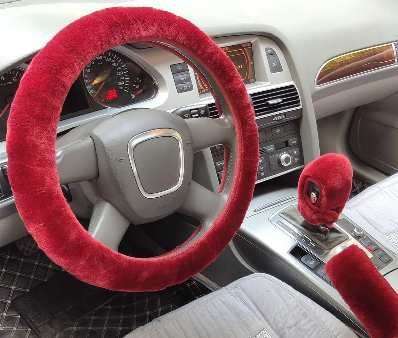 3Pcs/Set Fashion Faux Wool Fur Furry Steering Wheel Cover,Short Hair Soft Fluffy Handbrake Cover,Gear Shift Cover,Universal Thickening Fuzzy Warm Non-Slip Auto Interior (Automatic,Black Grey)