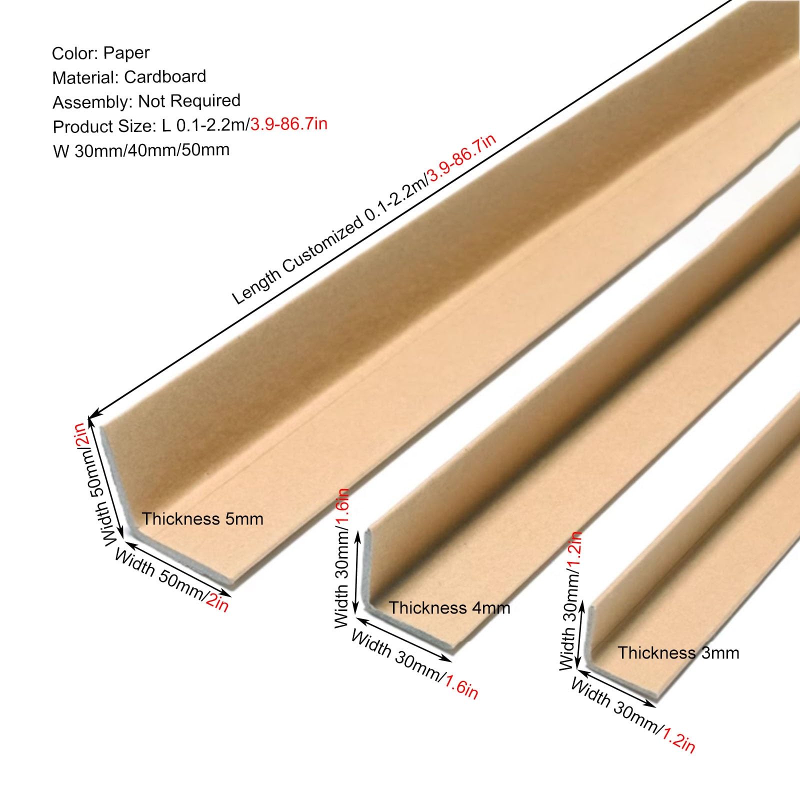 Lot de 100 cornières de Protection en Carton pour Emballage, 10, 20, 30, 40, 50, 60, 70, 80, 90, 100, 150, 180, 200 cm de Longueur, Protections d'angle et Protections de palettes p
