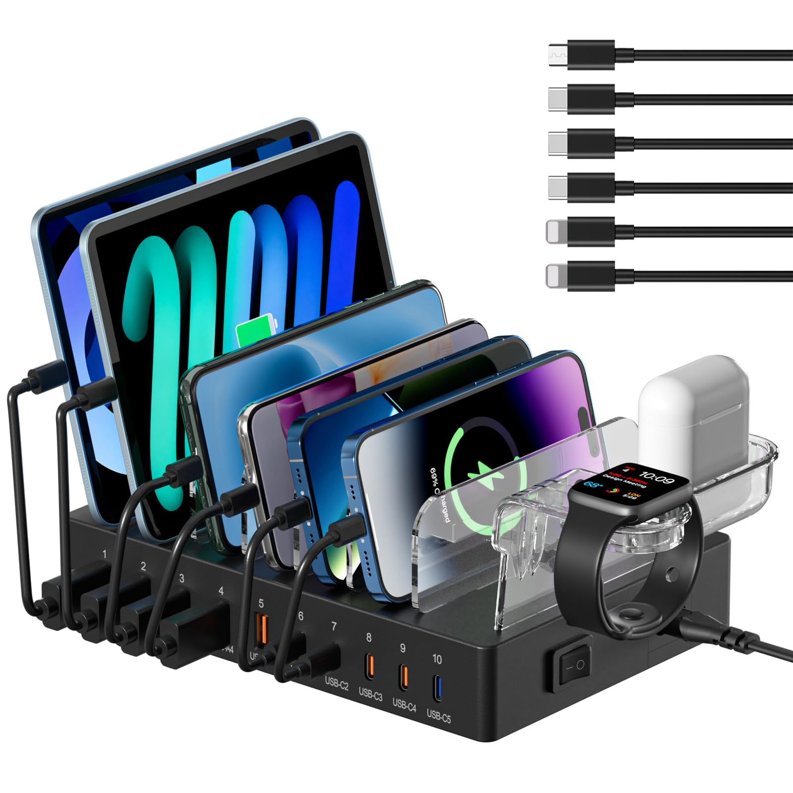 Station de Charge USB C à 10 Ports 140 W pour Plusieurs appareils