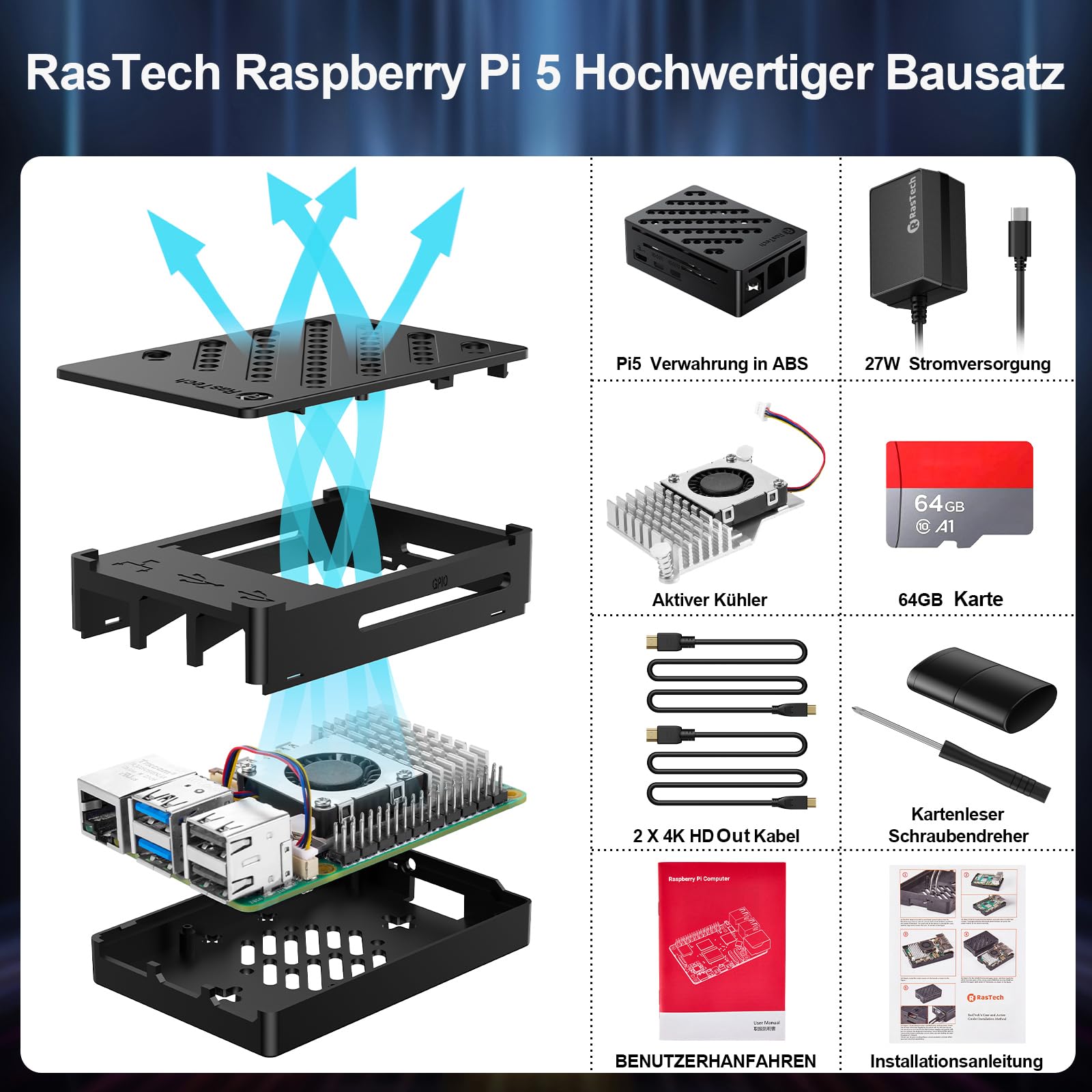 RasTech Raspberry Pi 5 8GB Kit 64GB Edition | Active Cooler,27W GaN 5,1V5A Netzteil,64GB Kartenleser Kit,Pi 5 Gehäuse,4K Micro HD Out Kabel,Pi 5 8GB Board,Benutzerhandbuch