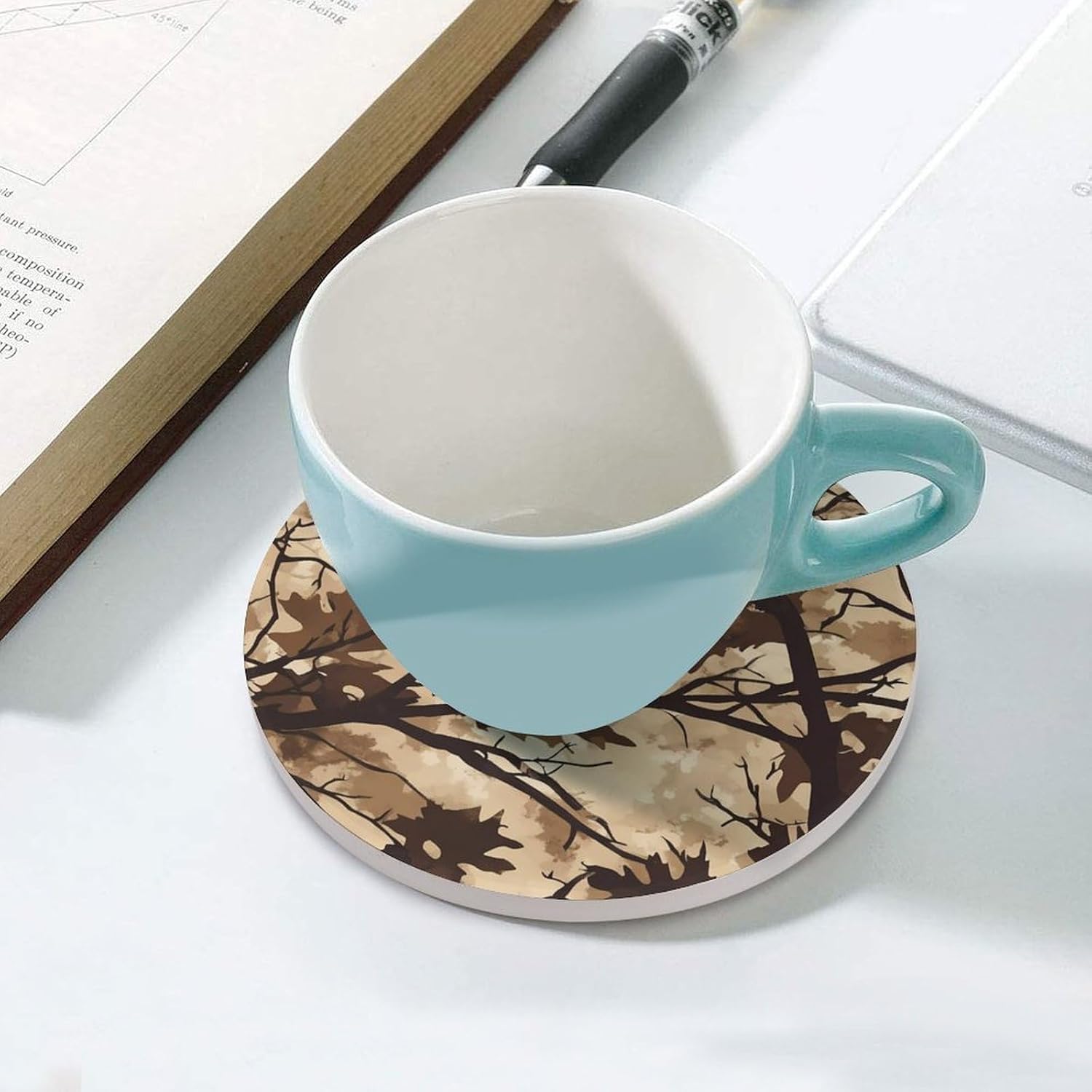 Camouflage Winter Tree Round Ceramic Coasters for Drinks Absorbent Cup Holder Tabletop Protector with Cork Base