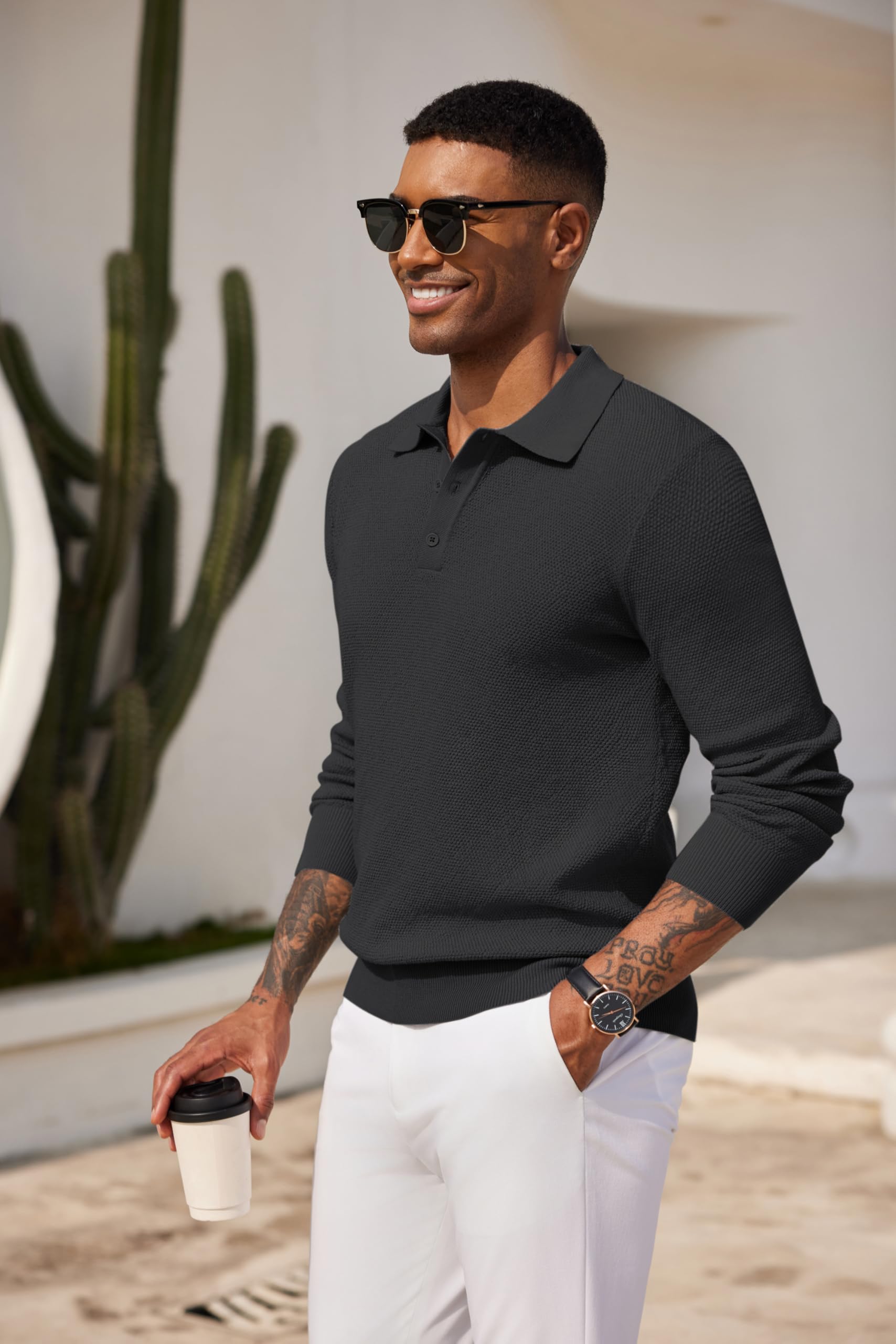 COOFANDY SuéTer Tipo Polo para Hombre De Manga Larga Punto Fino Sudadera