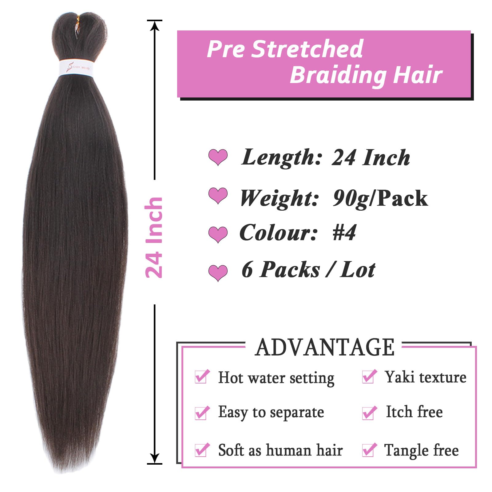 Samtress Braiding Hair 24 Inch Dark Brown Pre Stretched Braiding Hair 6 Packs Soft Yaki Texture Kanekalon Synthetic Fiber Crochet Braids Hair Extensions Hot Water Setting Easy Braid for Women(#4) - Image 2