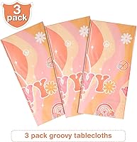 Vista 4 de Tiamon 3 Pieces Rainbow Plastic Groovy Tablecloths Retro Hippie Table Covers for Rectangle Table, Disposable Daisy Flower Rainbow Party Decorations