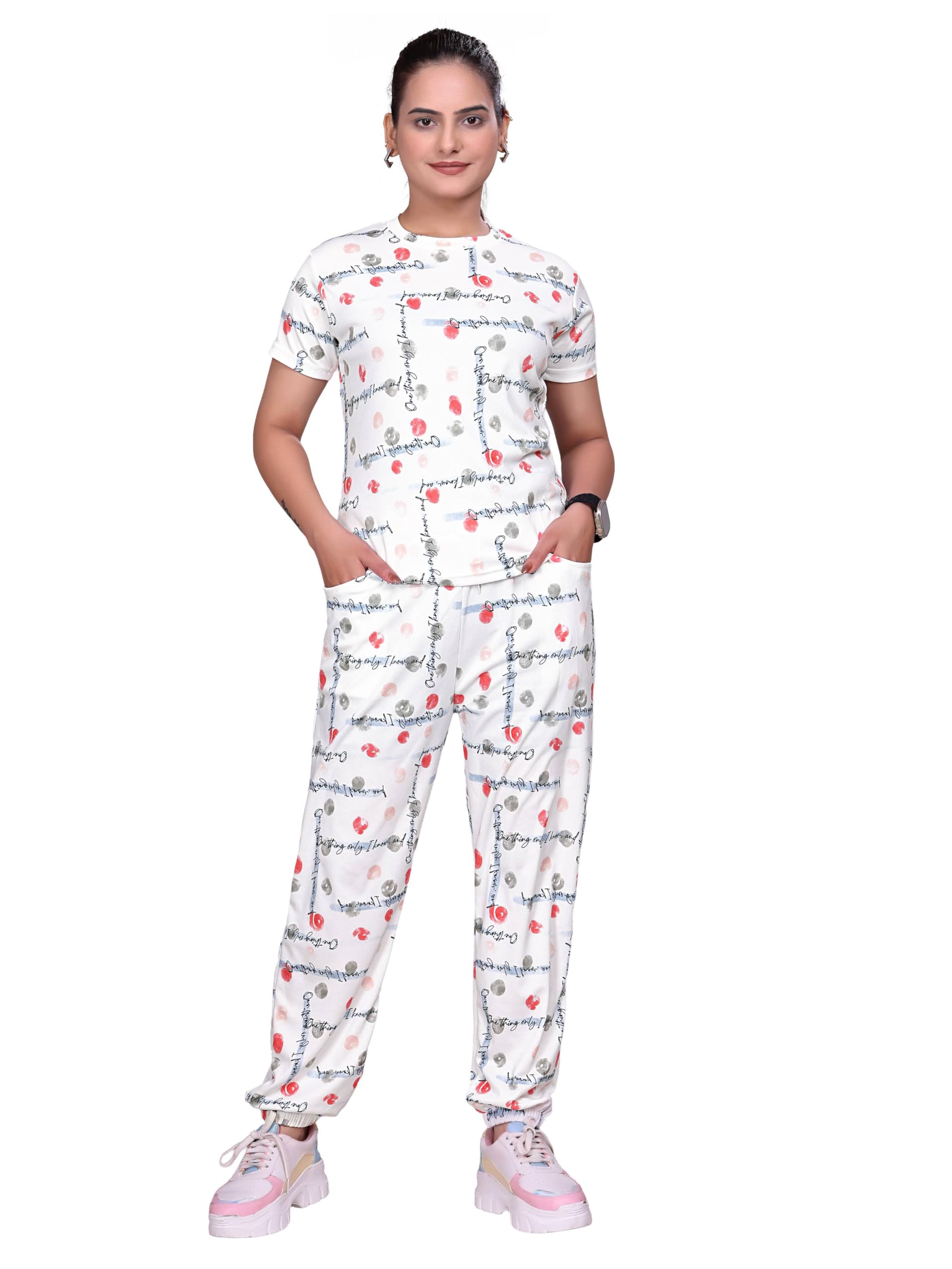 Women's Printed Polyester Nightsuit Set, Lightweight Stretchable Night Suit and Gym Outfit with Side Pockets (White, S)-image-17