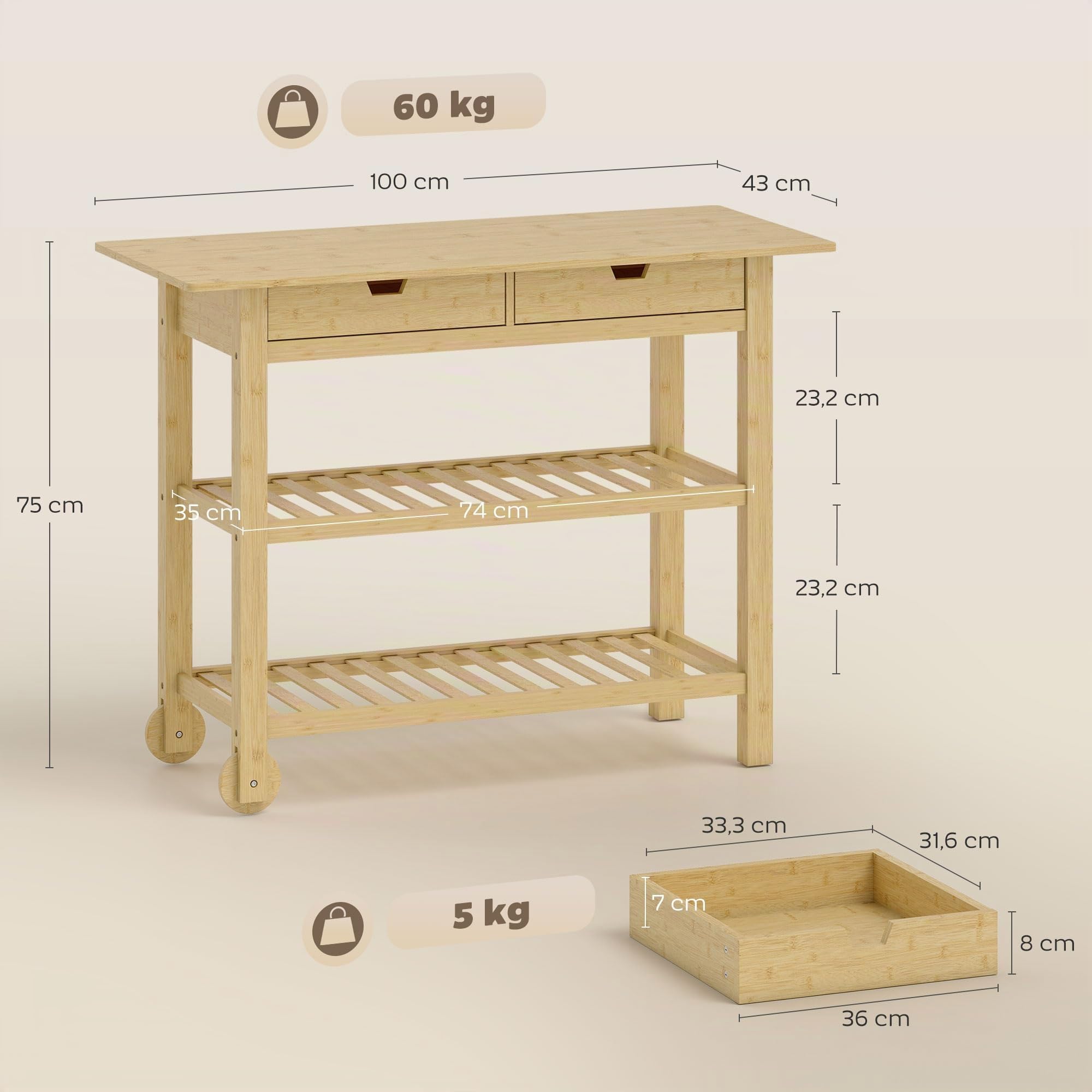 HOMCOM Desserte de Cuisine à roulettes en Bambou, Chariot de Rangement avec 2 tiroirs, 2 étagères à Lattes et Plan de Travail, Chariot de Cuisine et Salle à Manger, 100 x 43 x 75 cm, Bois Naturel