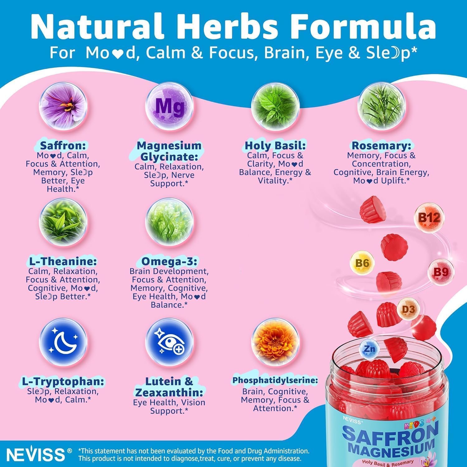 Saffron +Magnesium Glycinate + Omega-3 - Calm Focus Gummies for Kids 4+, Sugar Free Saffron Extract Supplement w/L-Theanine, Holy Basil, Rosemary, GABA, B6, D3 for Happy Mood, Cognition, ZZz, 2 Pack