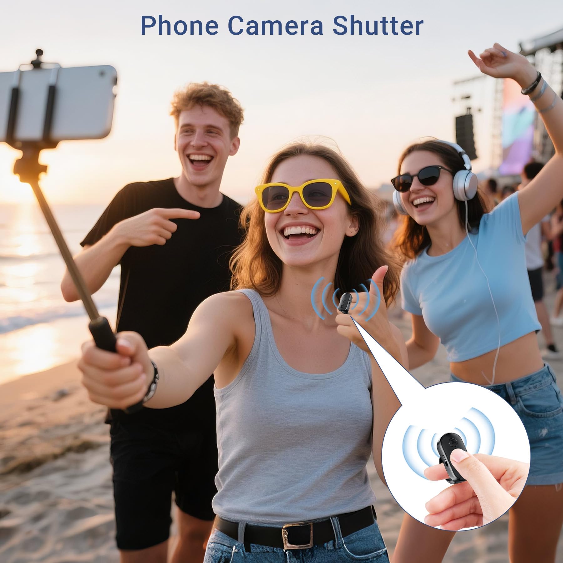 Kabelloser Ringkamera-Fernauslöser mit Zoom für iPhone Android, Bluetooth-Telefon-Auslöser mit Front-/Rückkamera-Schalter, Freisprecheinrichtung für Tiktok, YouTube, Foto- und Videoaufnahme