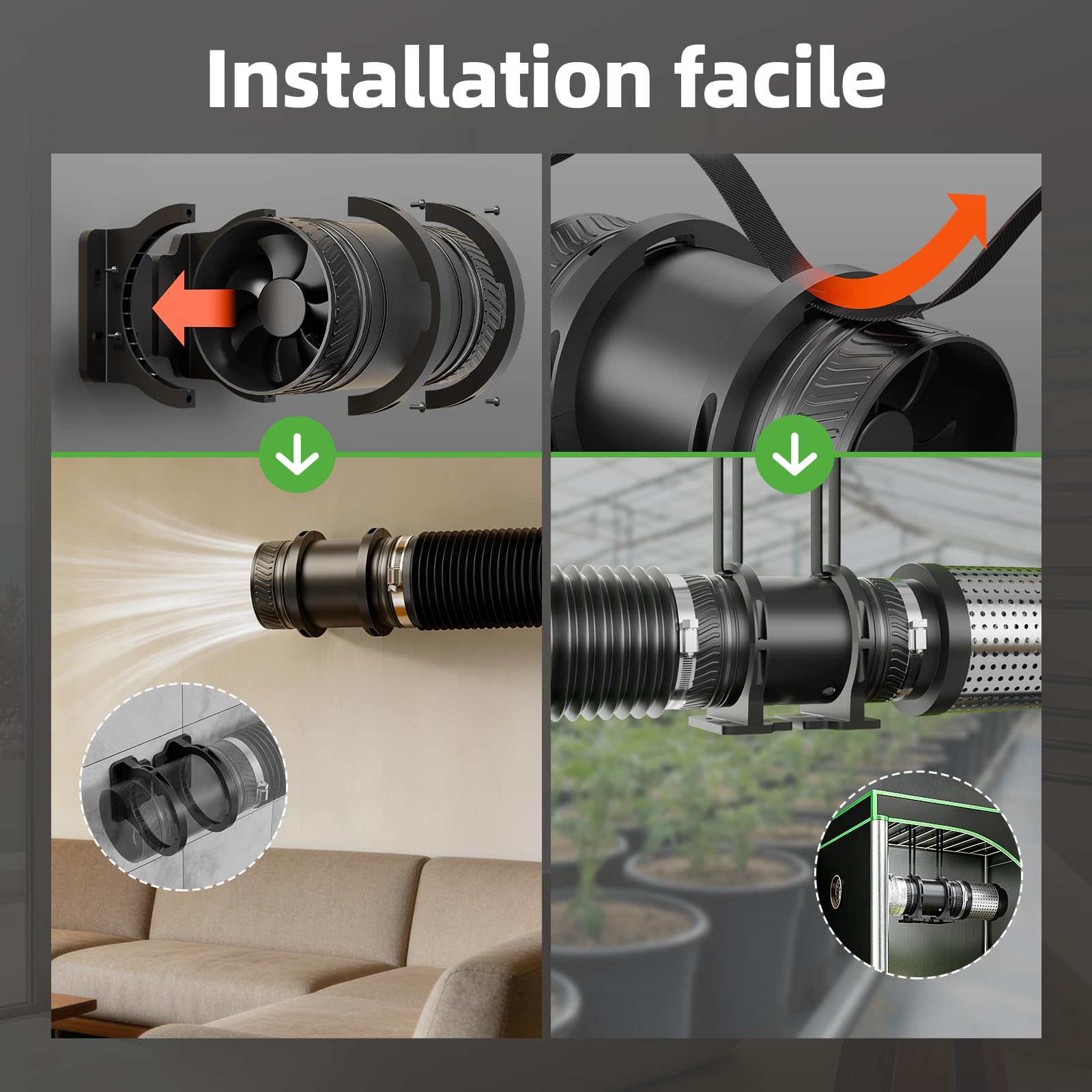 MOCINE Ventilateur de Conduit 100 mm avec Base de Montage, 8 Vitesses, Fonction Minuterie avec Télécommande à Écran, 310 m³/h, 5000 tr/min, Noir, Extracteur d’Air pour Garage, Salle de Bain et Serre