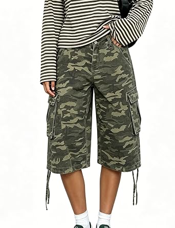 Bermuda Cargo Shorts for Women Y2K Low Waisted Denim Shorts Knee Length Jorts Vintage Streetwear