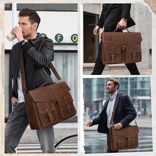 Miniatura 6 de RAINSMORE Bolsa de mensajero para hombre de 17 pulgadas, maletín para computadora portátil, impermeable, de cuero, para trabajo, oficina, viajes,