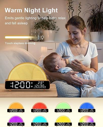 Miniatura 4 de Reloj despertador con simulación de amanecer, luz para despertar con sonido de ruido blanco, control táctil, lámparas de mesita, lámpara con luz