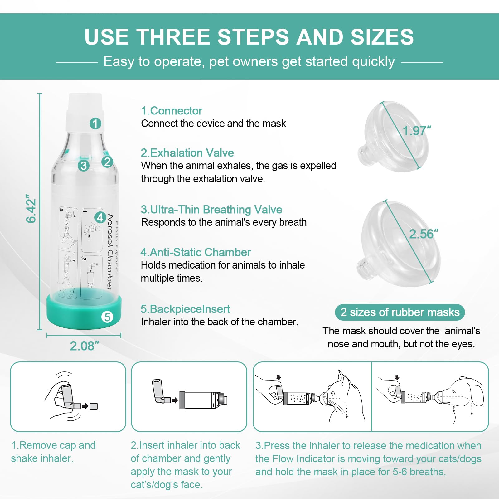 free-space Espaciador inhalador para Gatos/Perros con máscara de Silicona de Forma Redonda, cámara de Aerosol felino con indicador de respiración 2 máscara (Gato)