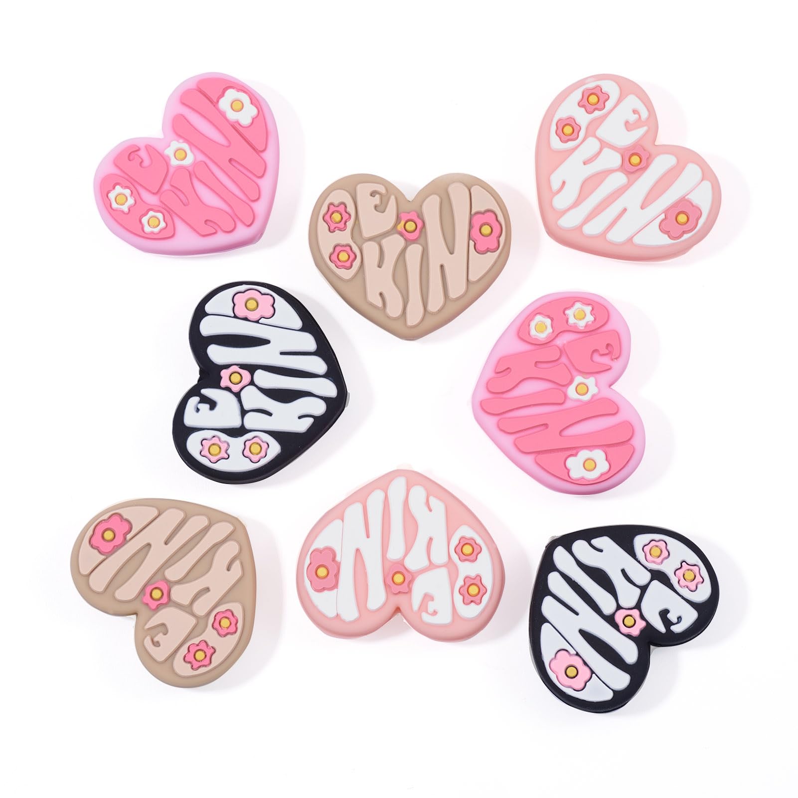 Spritewelry 8Pcs Heart Silicone Beads Sweet Love Silicone Focal Beads 26mm Pink Heart Rubber Beads with Flower Beaded Pen Beads for Bracelet Keychain Jewelry Making DIY Craft 4 Colors