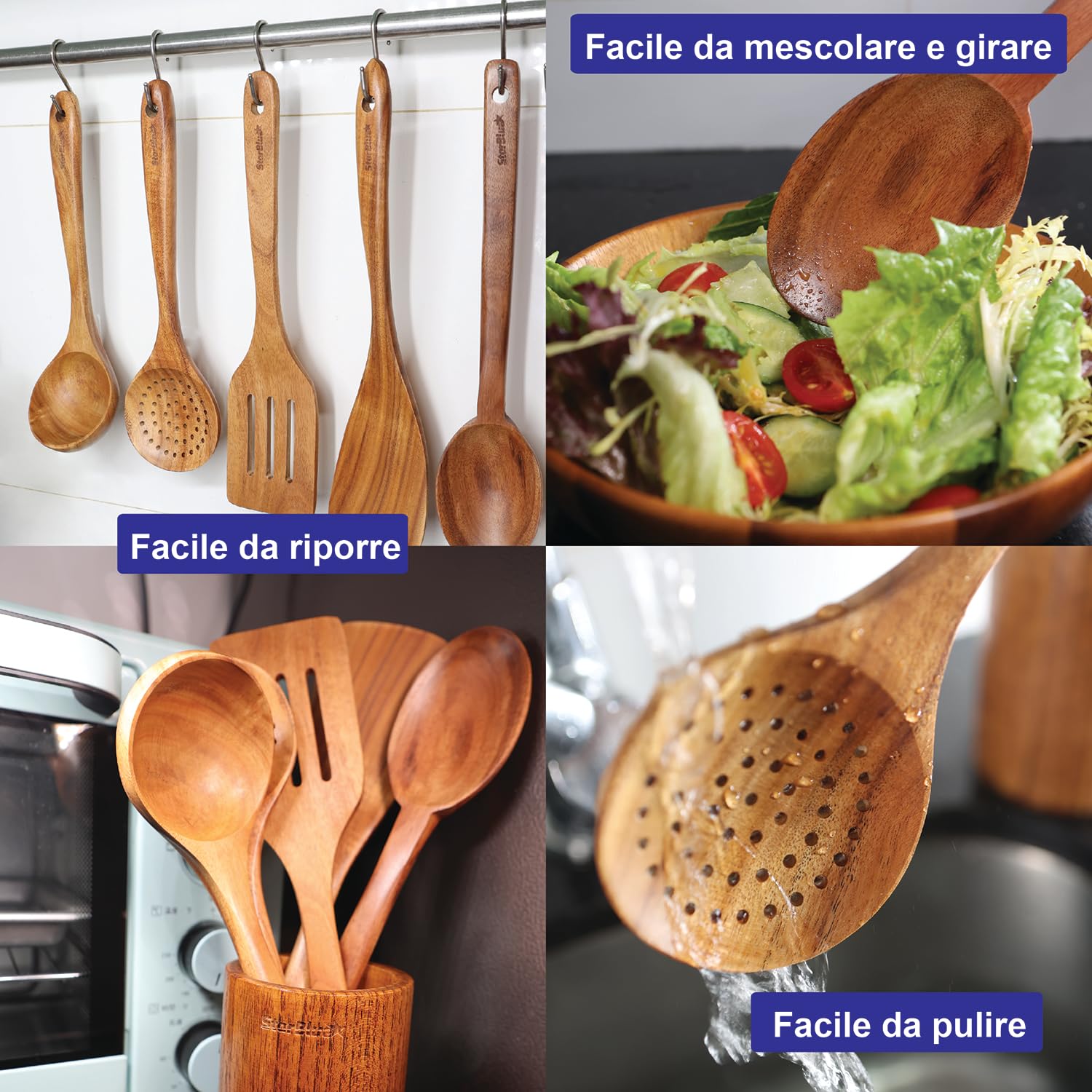 StarBlue - Set Di Utensili Da Cucina In Legno Di Acacia Da 6 Pezzi; Resistenti Spatole Antigraffio Per Pentole Antiaderenti; Set Di Spatole Ecologiche Ed Ergonomiche Con Apposito Contenitore In Legno