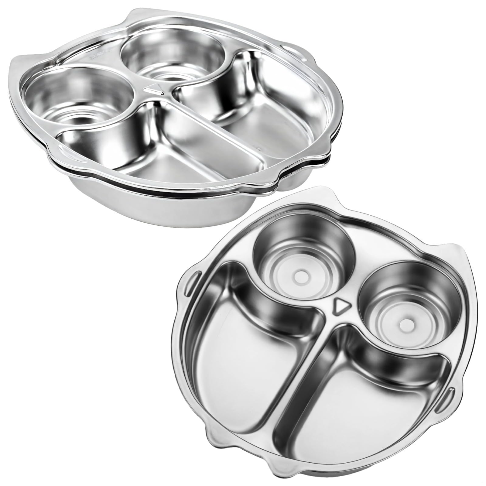 Confezione da 3 piatti divisori a forma di gufo, in acciaio inox, vassoio in metallo diviso per bambini, sicuri, bordi arrotondati, lavabili in lavastoviglie, ideali per uso domestico e asilo