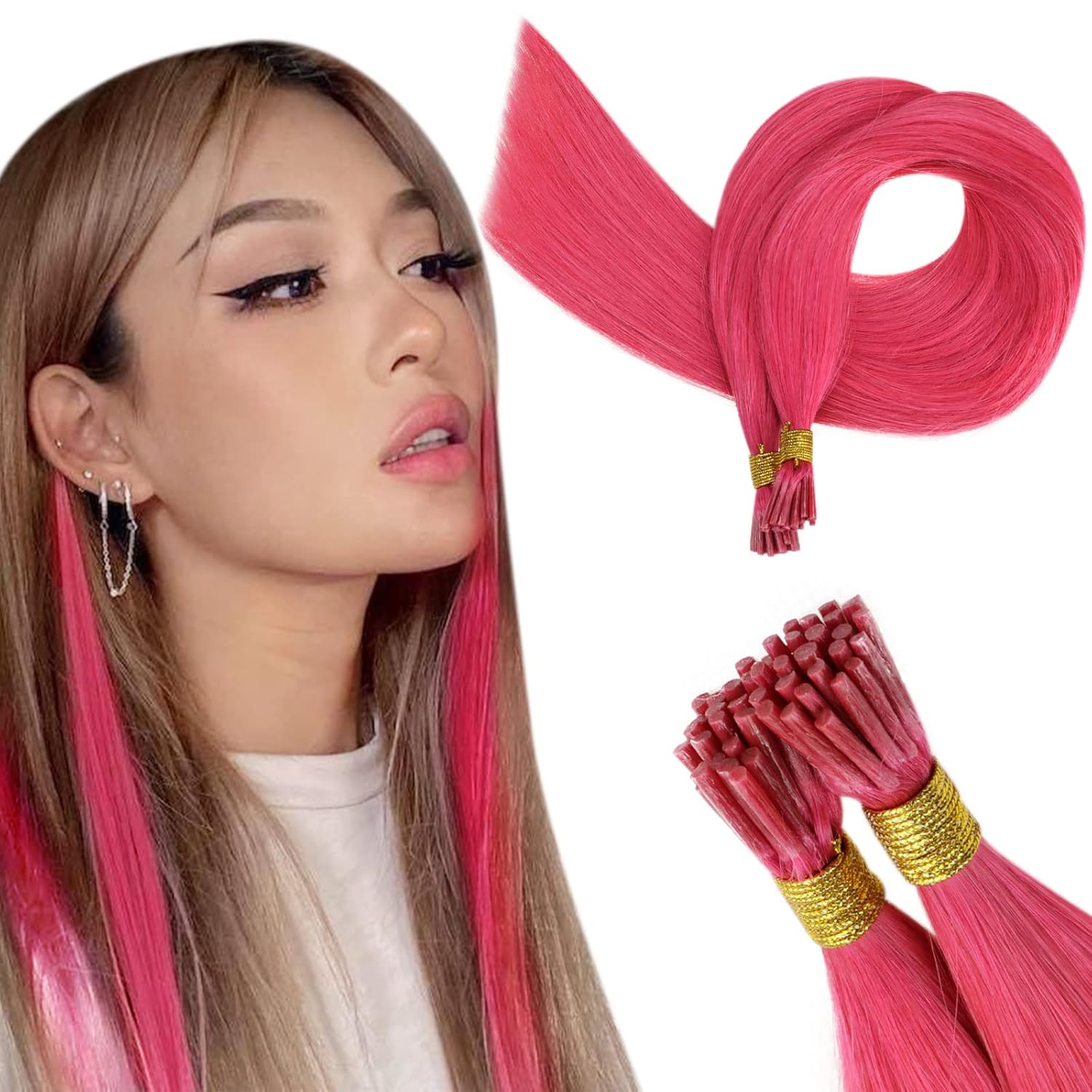 Hair Extensions Bundles I Tip Human Hair Extensions Teal 14 Inch and Hot Pink 14 Inch Stick Tip Hair Extensions Cold Fusion I Tipped Hair Extensions Straight 25 Strands pre Set