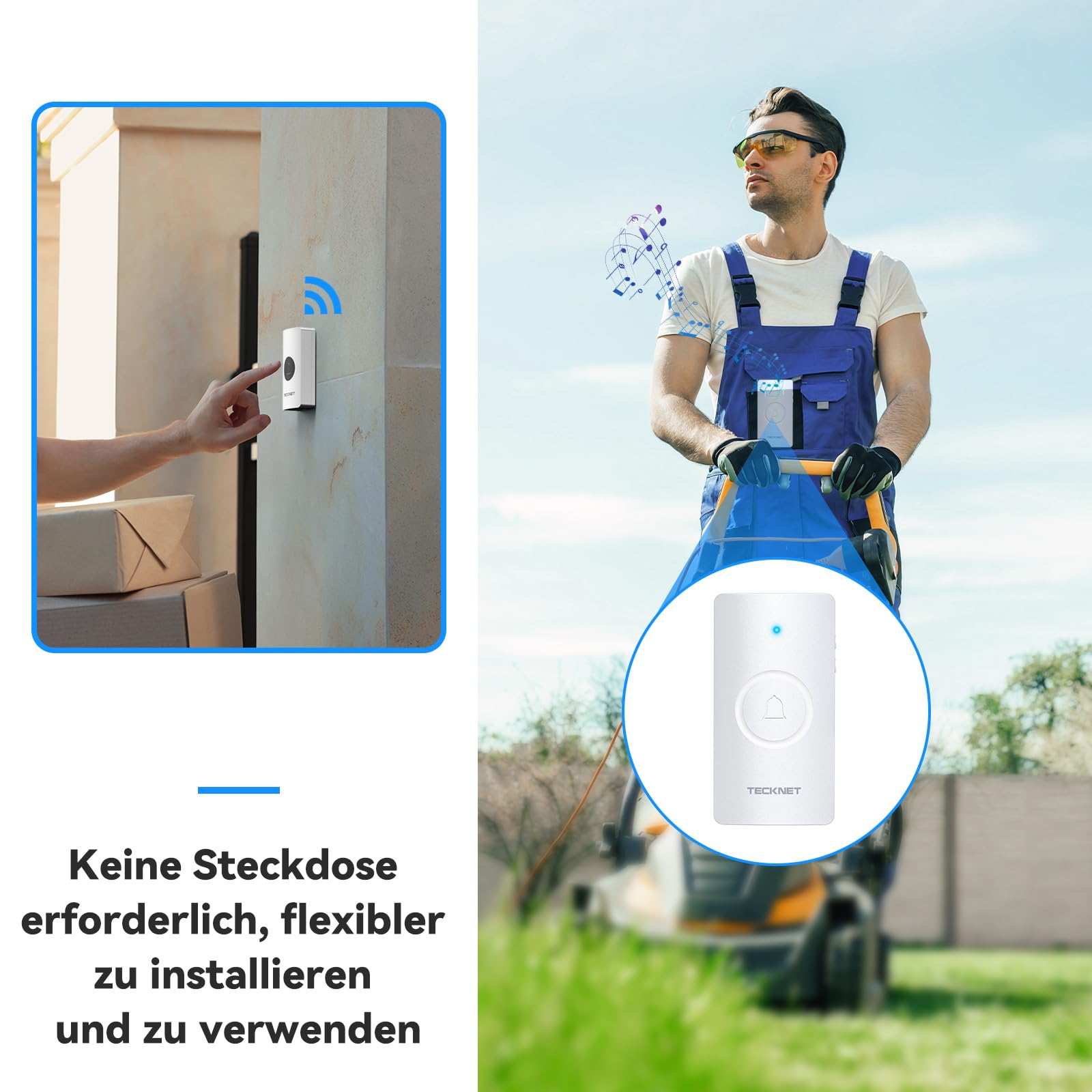 TECKNET Funkklingel, 400m Reichweite IP67 Funkklingel aussen wasserdicht, Funkklingel Batteriebetrieben mit 2 Empfängern, 5 Lautstärkestufen, 60 Melodien mit 4,5 Jahren Batterielebensdauer, Weiß