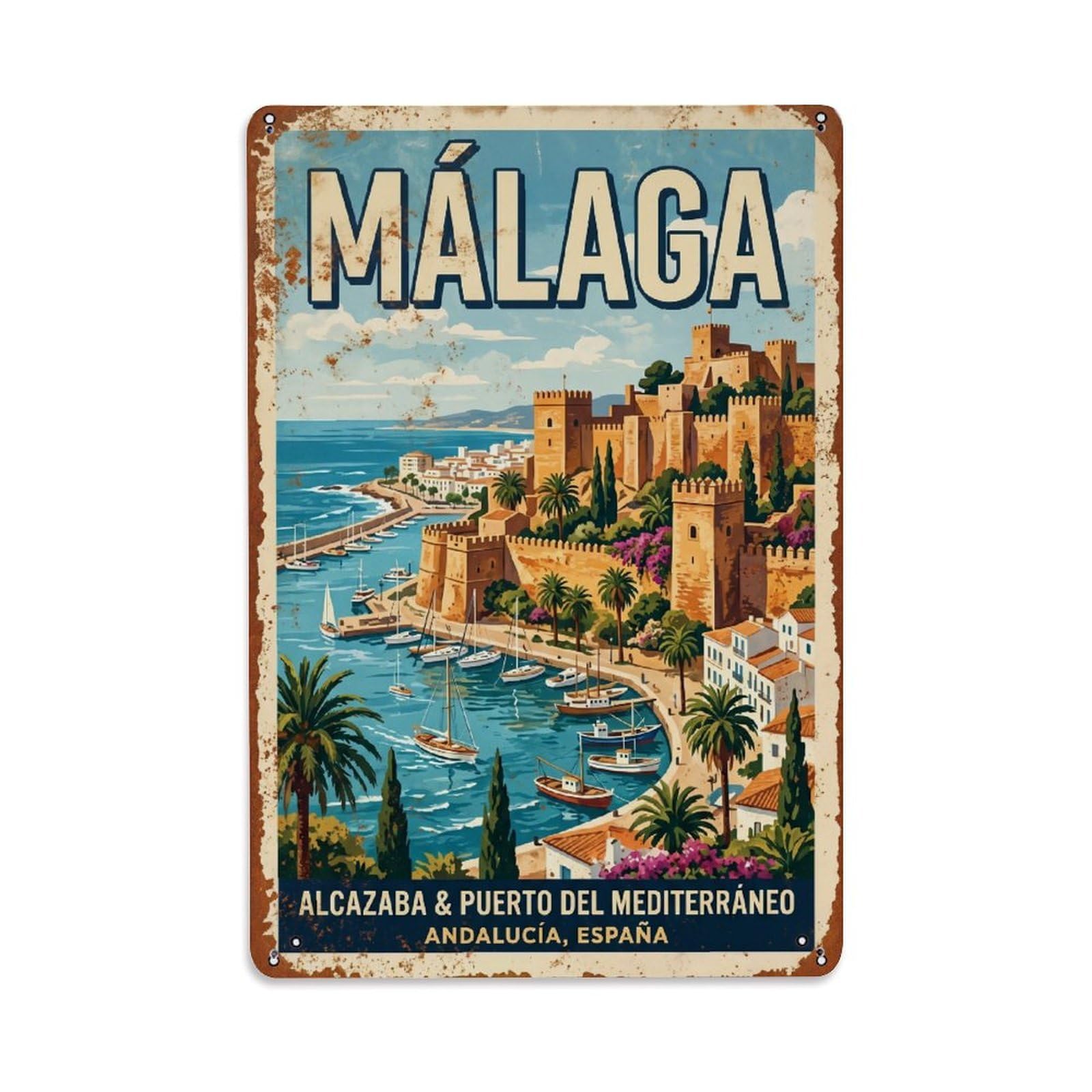 Cmhok Vintage Style Vintage Travel Malaga Spain Metal Tin Sign Wall Decor For Cafe, Club, Garden Metal Poster 8X12inch