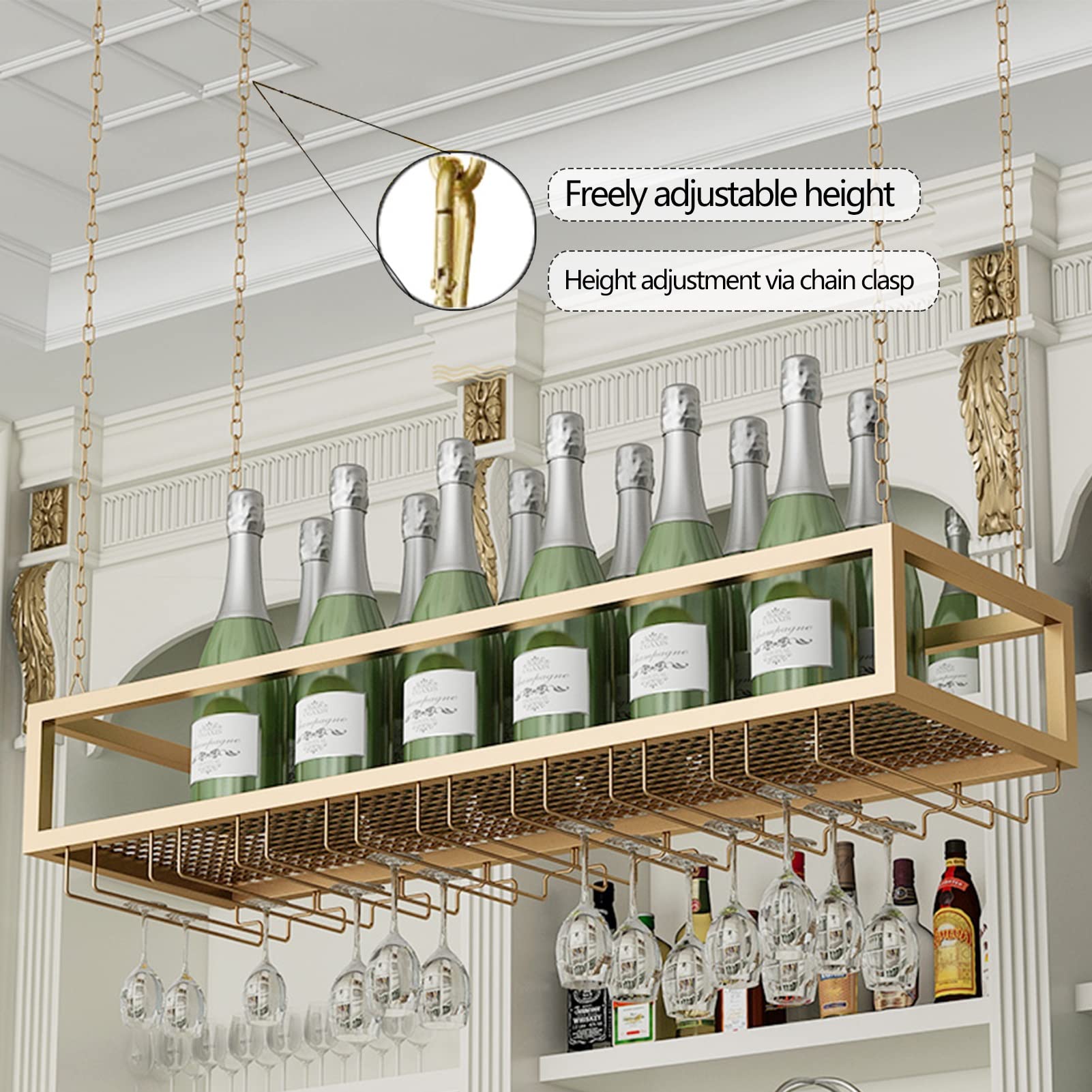 Estante para Copas de Vino bajo Estante, Soporte de Metal Dorado para Copas, Organizador Colgante para Mueble Bar y Cocina - Diseño de Cadena de Hierro (100x25x21cm)