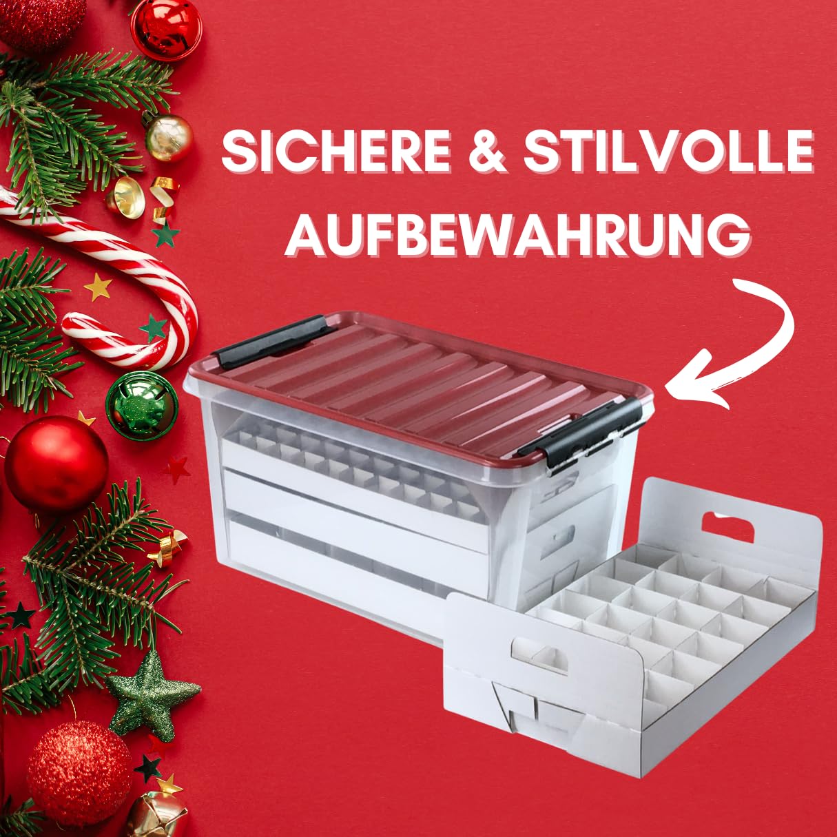 Weihnachtskugeln Aufbewahrungsbox mit Deckel | Sichere & stilvolle Aufbewahrung für Weihnachten | Christbaumkugeln | Christbaumschmuck und Deko | 47 Liter | BPA-frei | Compact Box