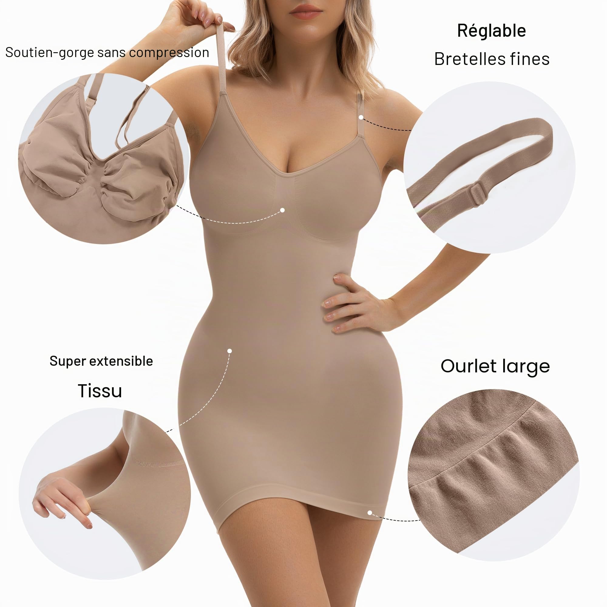 SHAPERX Robe Gaine Ventre Plat Femme Amincissante Sculptante Robe Bodycon Invisible avec Bretelles Réglables