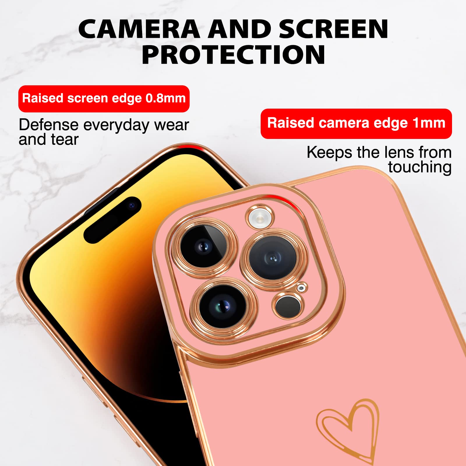 Newseego Compatibile con iPhone 14 PRO Custodia (6.1), Carino Plating Love- Heart Design Ragazze Donne Silicone Morbido Antiurto Protezione Fotocamera Cover Elettroplaccata per iPhone 14 PRO-Rosa