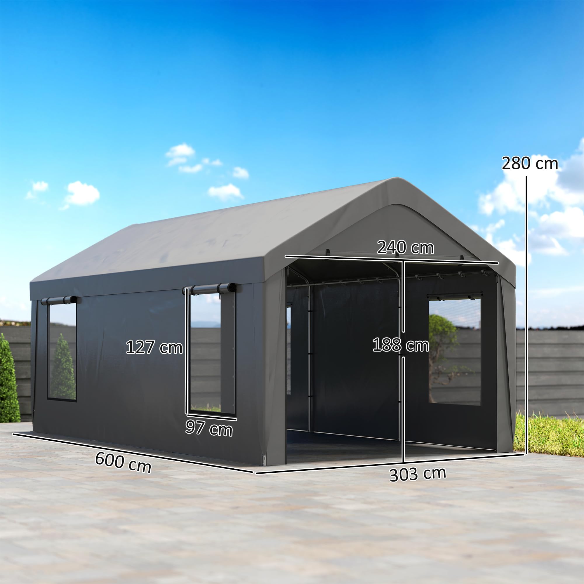 Outsunny Carport Tente de Garage 3 x 6 m abri Voiture extérieur Tente de Stockage avec parois latérales Amovibles, 2 Portes enroulables et 4 fenêtres, pour Camion, Bateau, Gris foncé
