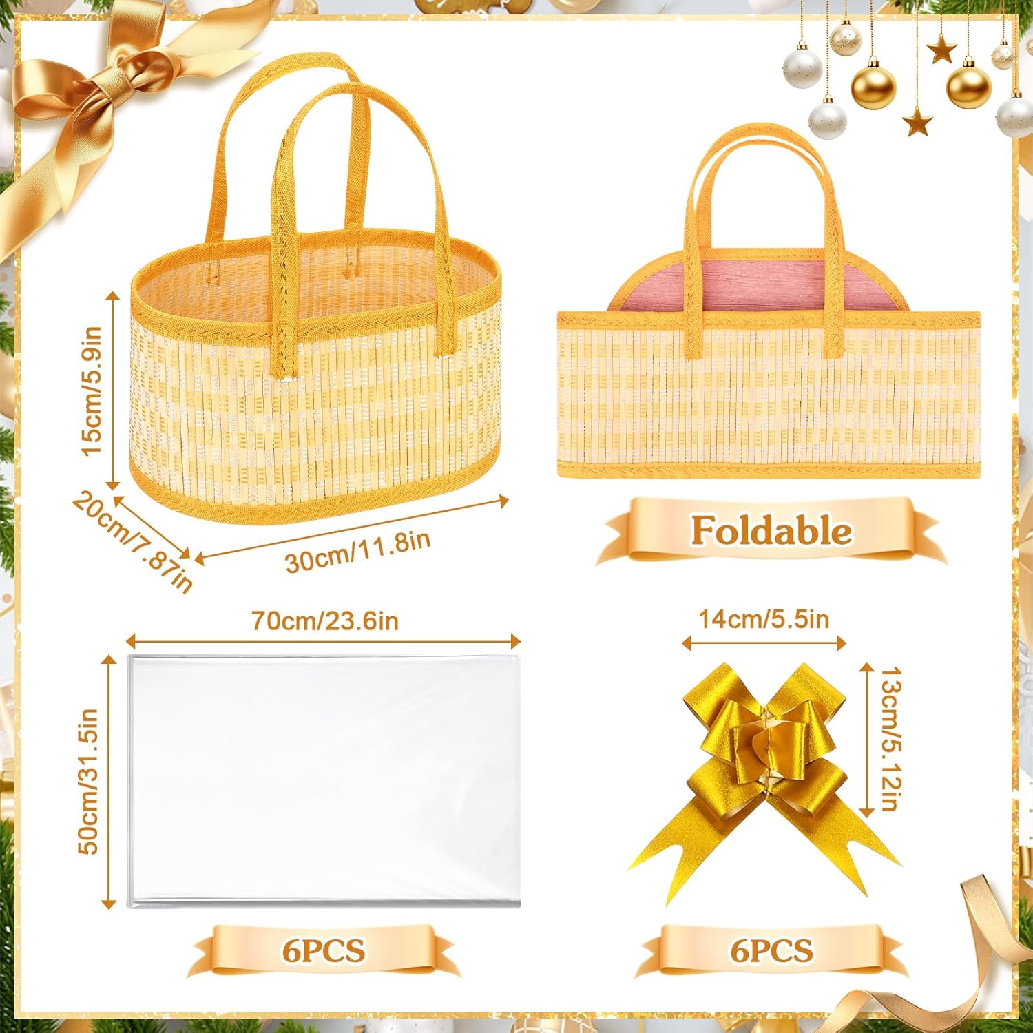6Pack Baskets for Gifts Empty, Woven Bamboo Gift Basket Kit with Handles 6 Shrinkable Wrap Bags 6 Bows, Empty Gifts Baskets to Fill Basket for Baby Shower Christmas Holiday Birthday Party Gift Bag
