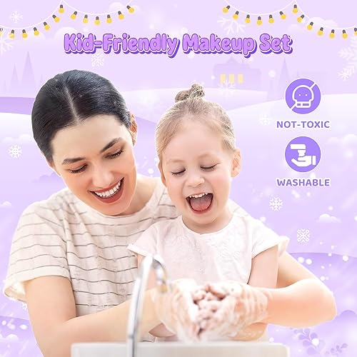 Miniatura 6 de GirlsHome Juego de maquillaje para niños para niña, 56 piezas, cosméticos reales lavables, juguetes congelados no tóxicos, kit de maquillaje