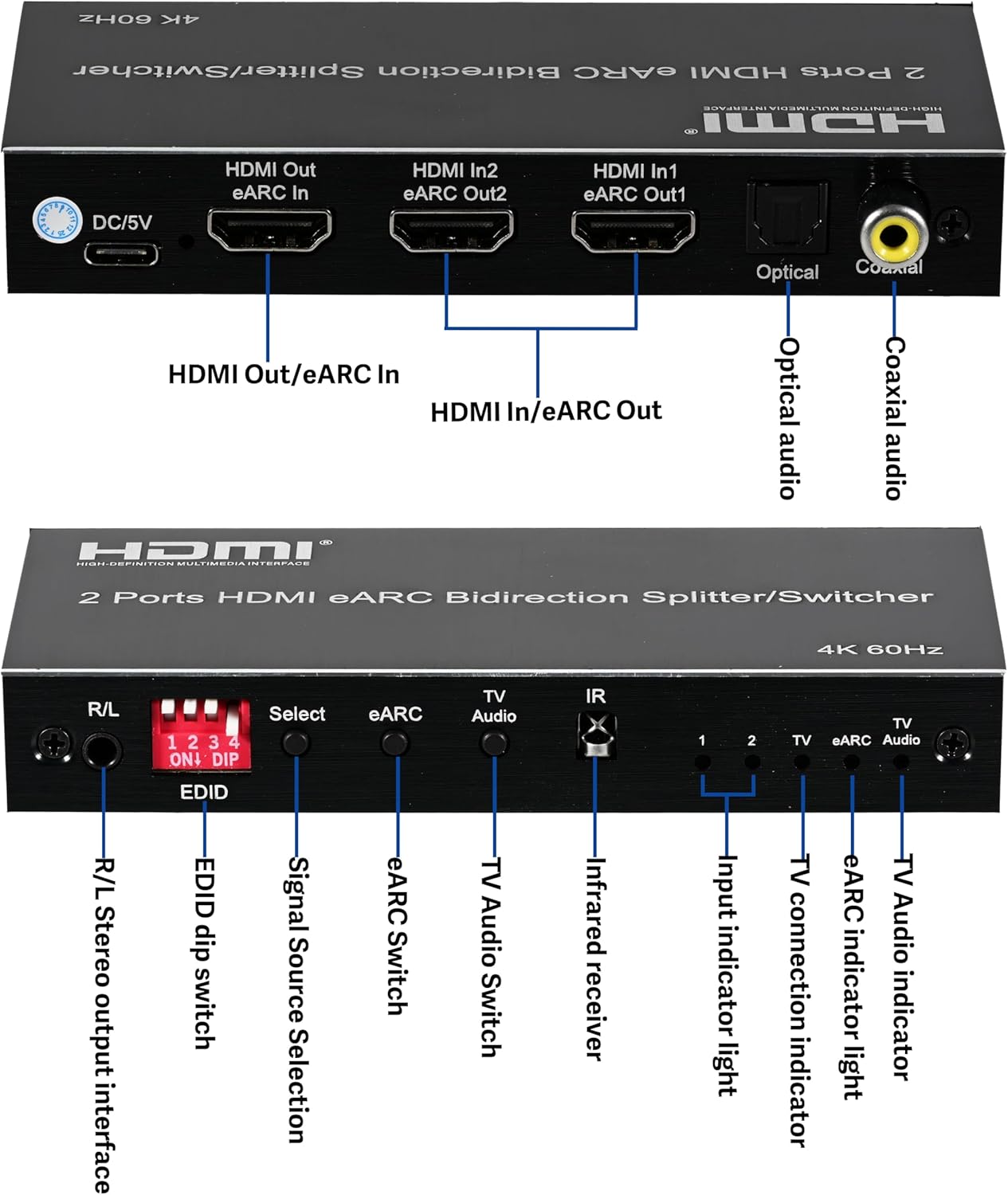 4K@60Hz HDMI eARC Splitter 1 in 2 Out, HDMI Switcher 2 in 1 Out with eARC Audio Extractor for Amplifier, Soundbar, Support EDID, Optical Toslink SPDIF, Coaxial
