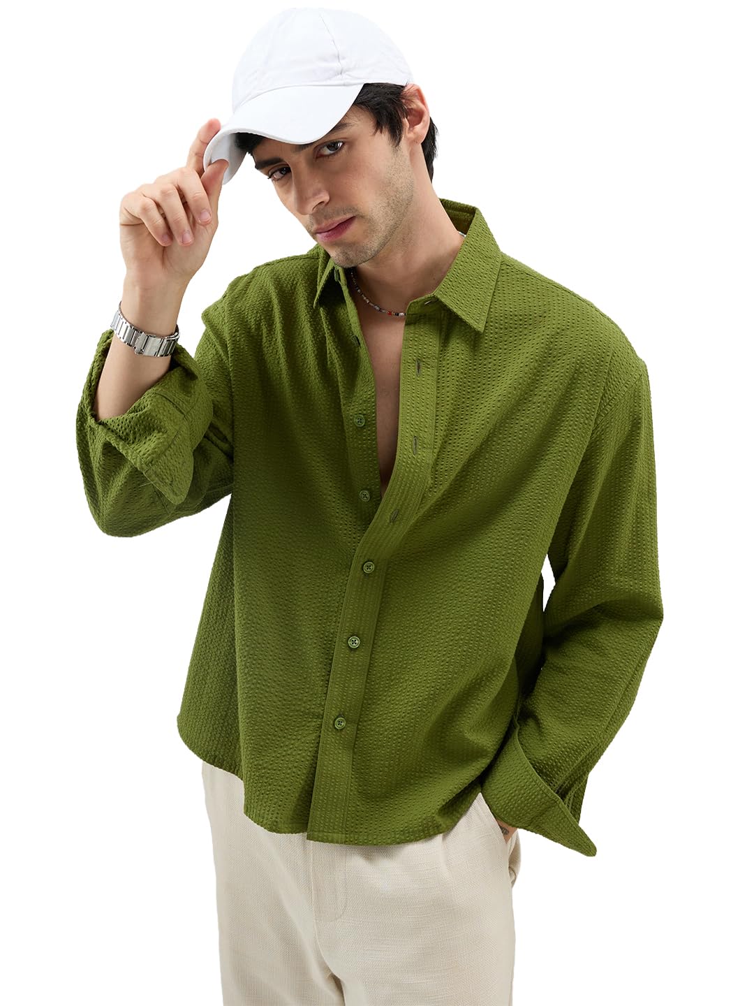 vastrado Basil Green Seersucker Striped Boxy Fit Crop Shirt-picture-46