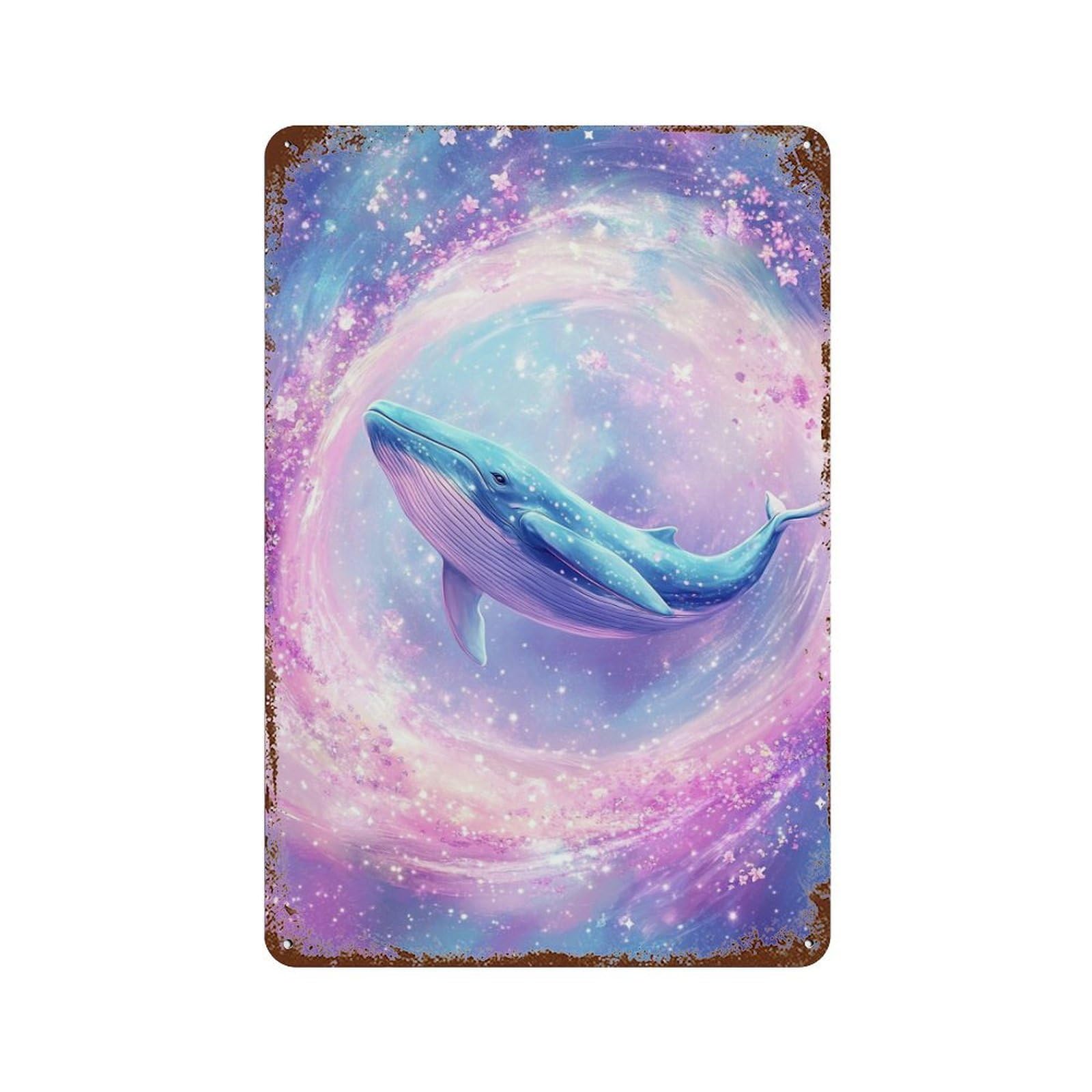 Whale in Galaxy Art Print Rustic Tin Plaque 11.8"x7.9", Vintage Wall Decor for Garage, Pub Or Kitchen