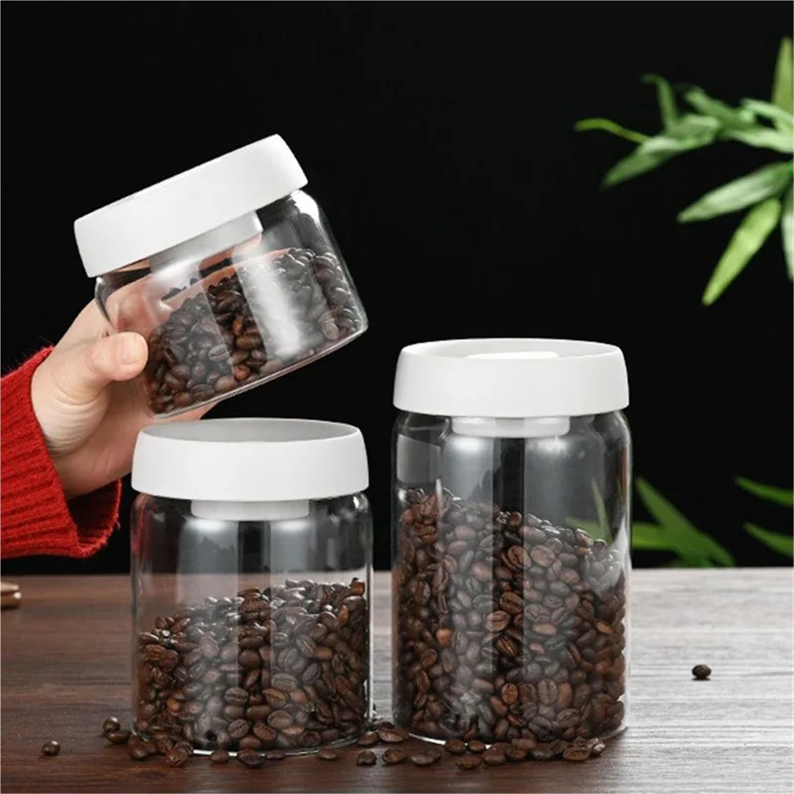 Tarro de conservación Tanque sellado al vacío de granos café tipo prensa, almacenamiento alimentos vidrio, tarros for mantenimiento fresco, tarro dulces for té y enteros(White-900ml)