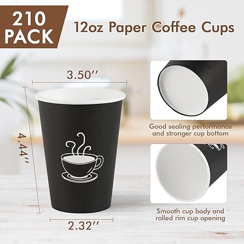 Miniatura 3 de Paquete de 210 tazas de café de papel de 12 onzas, vasos de papel negro desechables para beber caliente, agua, té, utilizado para cafeterías,