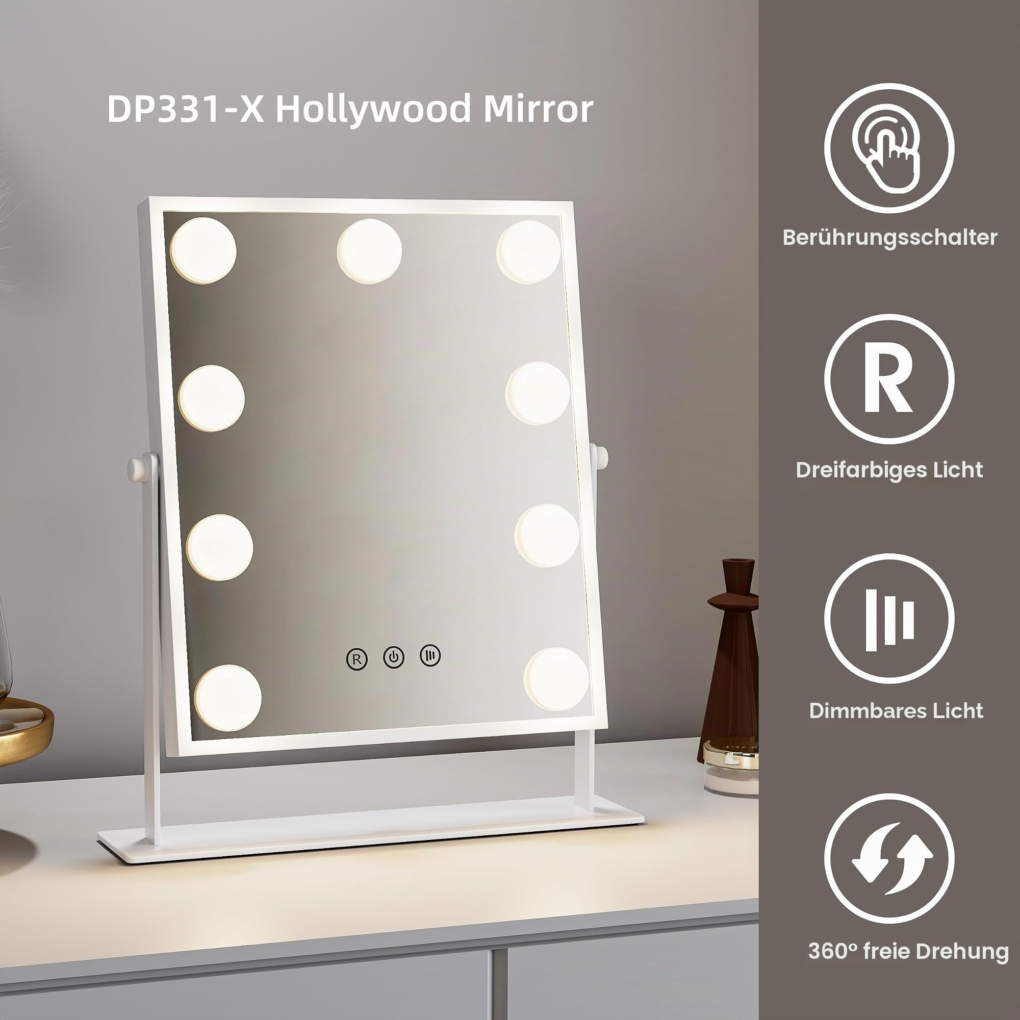 Schminkspiegel mit Beleuchtung groß – Hollywood Spiegel Schminktisch 3 Lichtfarben & Touch – Schminktisch Spiegel mit Licht drehbar – Schminkspiegel Licht – Aluminium Vanity Mirror with Light