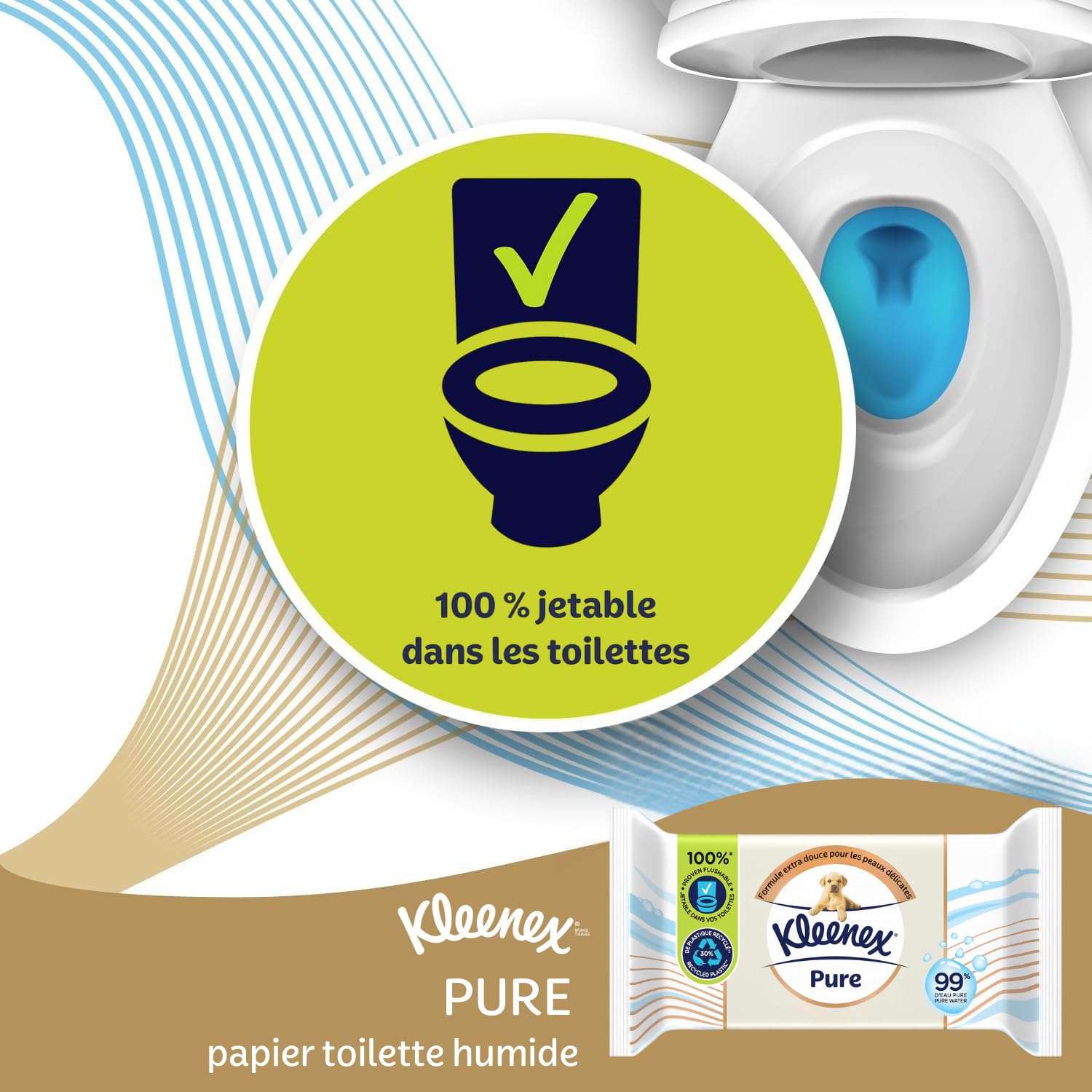 KLEENEX Pure - Papier Toilette Humide (12 paquets de 38 feuilles) - double épaisseur - jetable dans les toilettes - sans plastique - sans parfum - sans alcool - emballage recyclable
