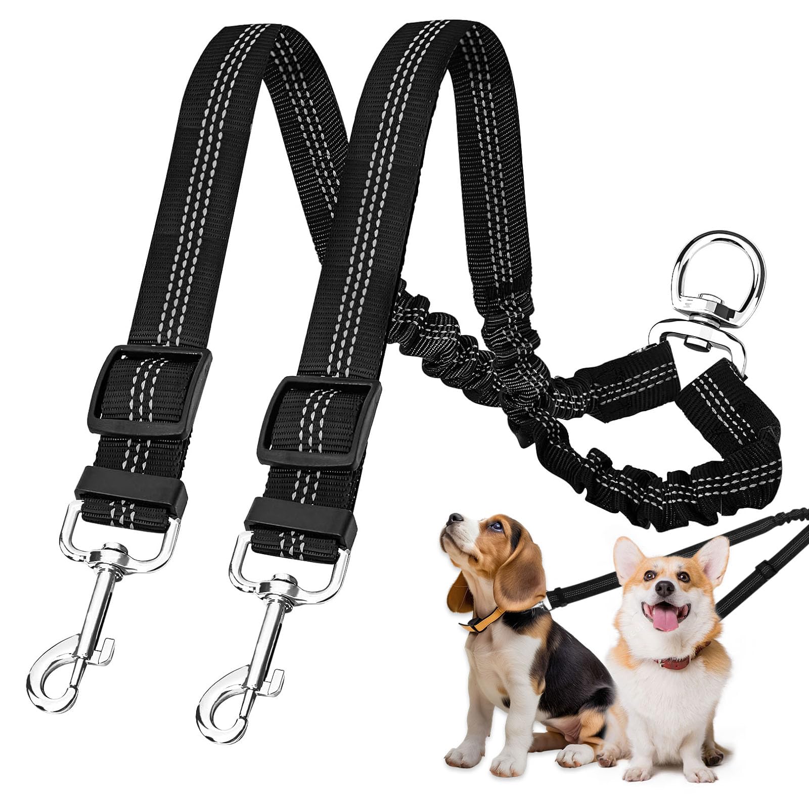 Double Lead for 2 Dogs, Adjustable Elastic Double Dog Lead with 360° Rotation, No Tangle, for Walking and Training (Black)
