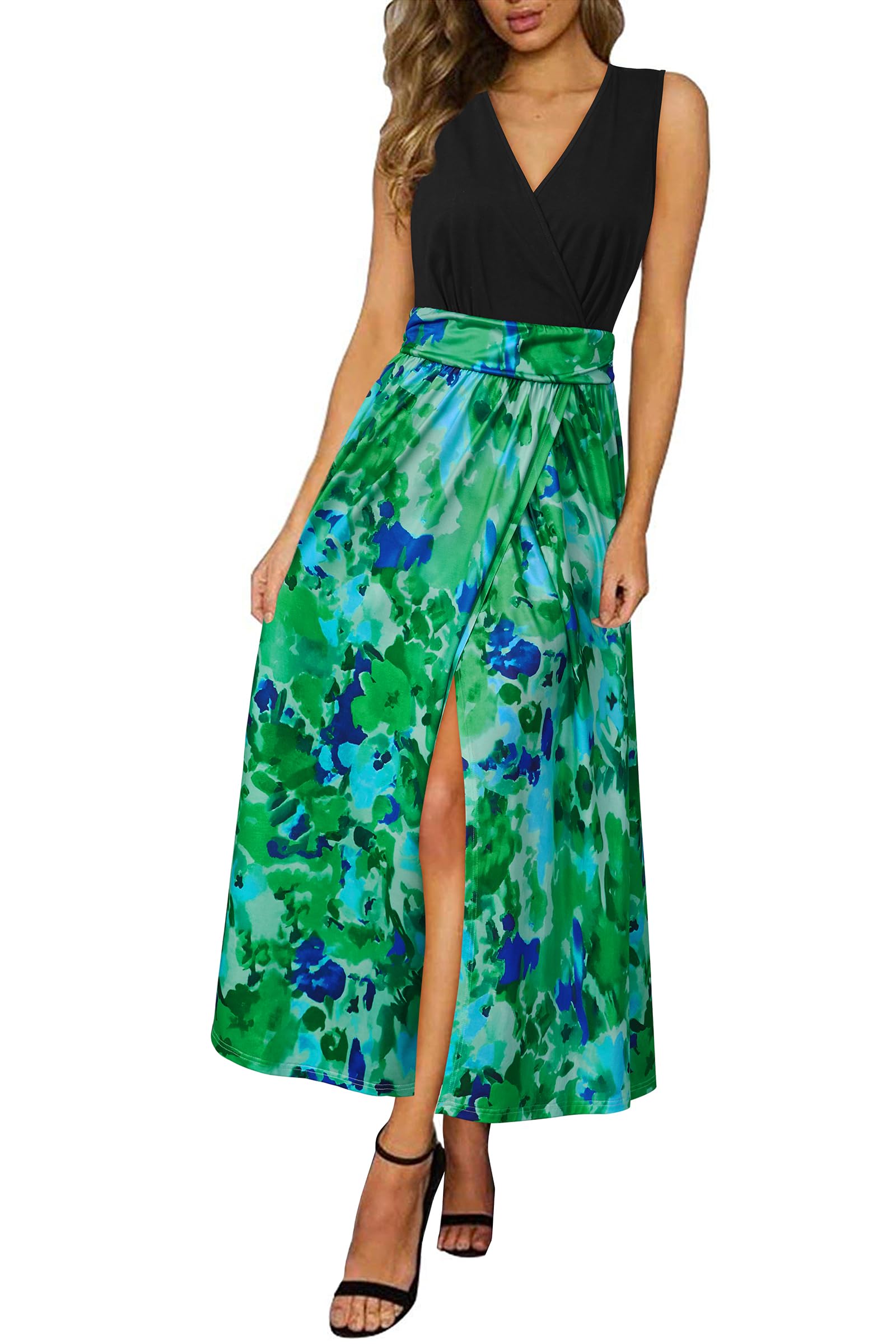 Women Summer Dresses Casual Sleeveless V Neck Boho Vacation Beach Split Long Maxi Dress