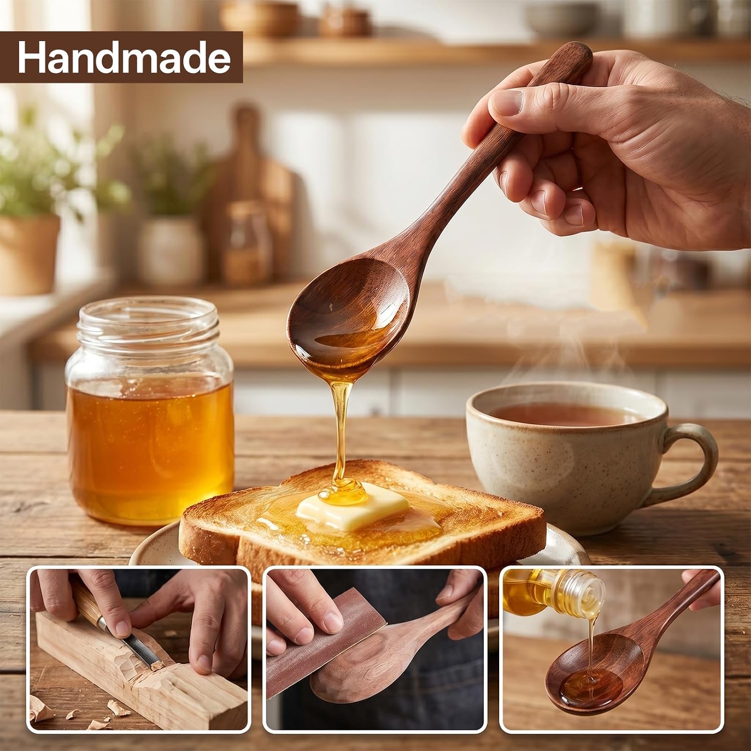 2 PCS Wooden Spoon for Eating, 6 Inch Long Small Handle Wooden Soup Spoons, Little Wood Serving Table Spoon Set for Coffee Honey Tea Desserts Cereal Soup