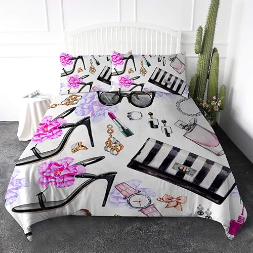 ARIGHTEX Juego de funda de edredón de moda para mujer, con temática de belleza, perfumes, lápiz labial, moderno y elegante, juego de ropa de cama de