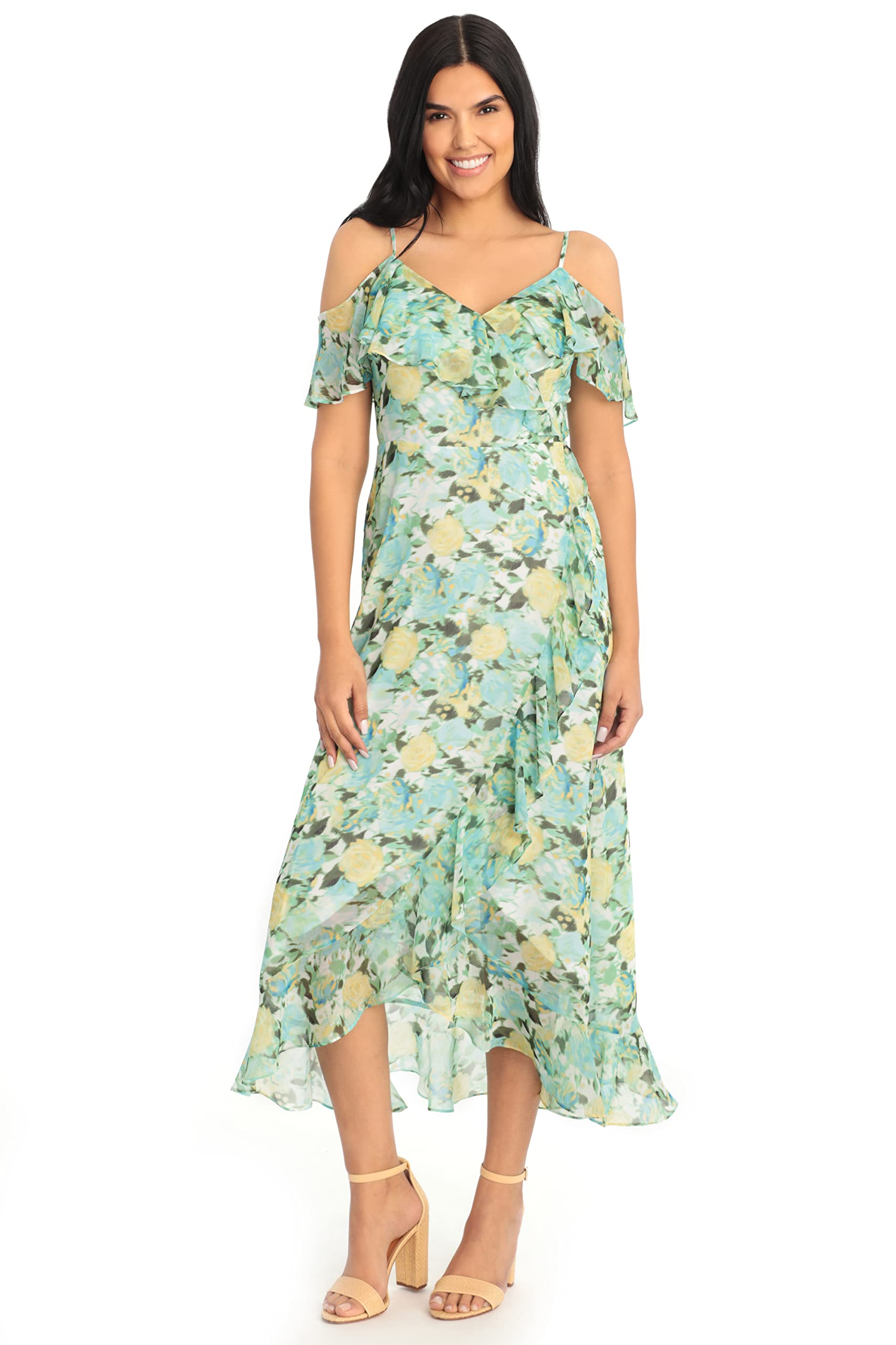 Women's Hi-Low Dress, Ruffle Cold Shoulder Maxi
