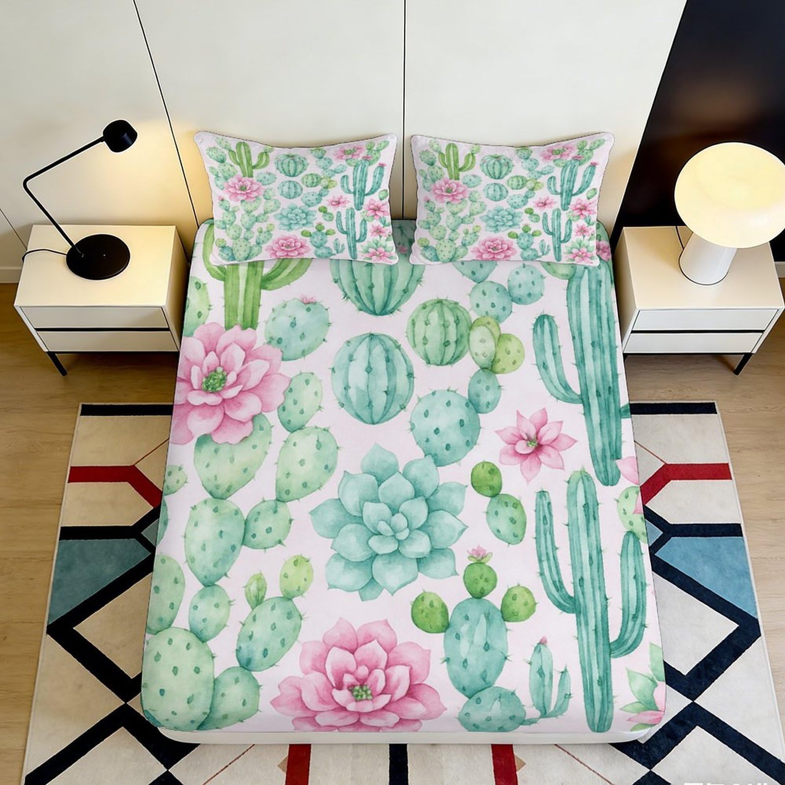 3D Printed Cactus Succulent Fitted Sheet Microfiber Soft Green Pink Floral Bed Cover for Bedroom Guest Room Easy Care 90x200x25cm