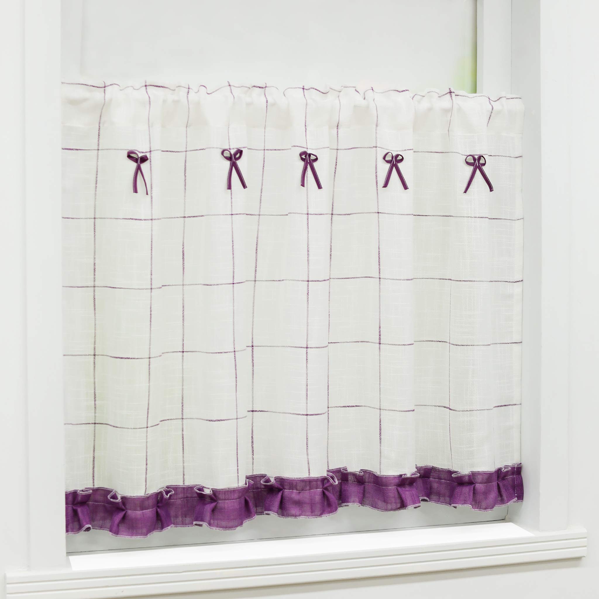 Yujiao Mao Sheer Window Valance with Bow-Knot Rod Pocket Cafe Curtain for Kitchen Bathroom Bedroom,1pc (Purple,W55 x L59 inch)