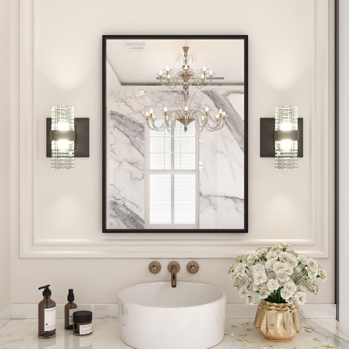 LOAAO 22"X30" Black Rectangle Bathroom Mirror Wall, Matte Black Aluminum Alloy Frame, Hangs Vertically or Horizontally, Easy to Install | Matte Black Aluminum Alloy Frame, Hangs Vertically or Horizontally, Easy to Install, Tempered Glass