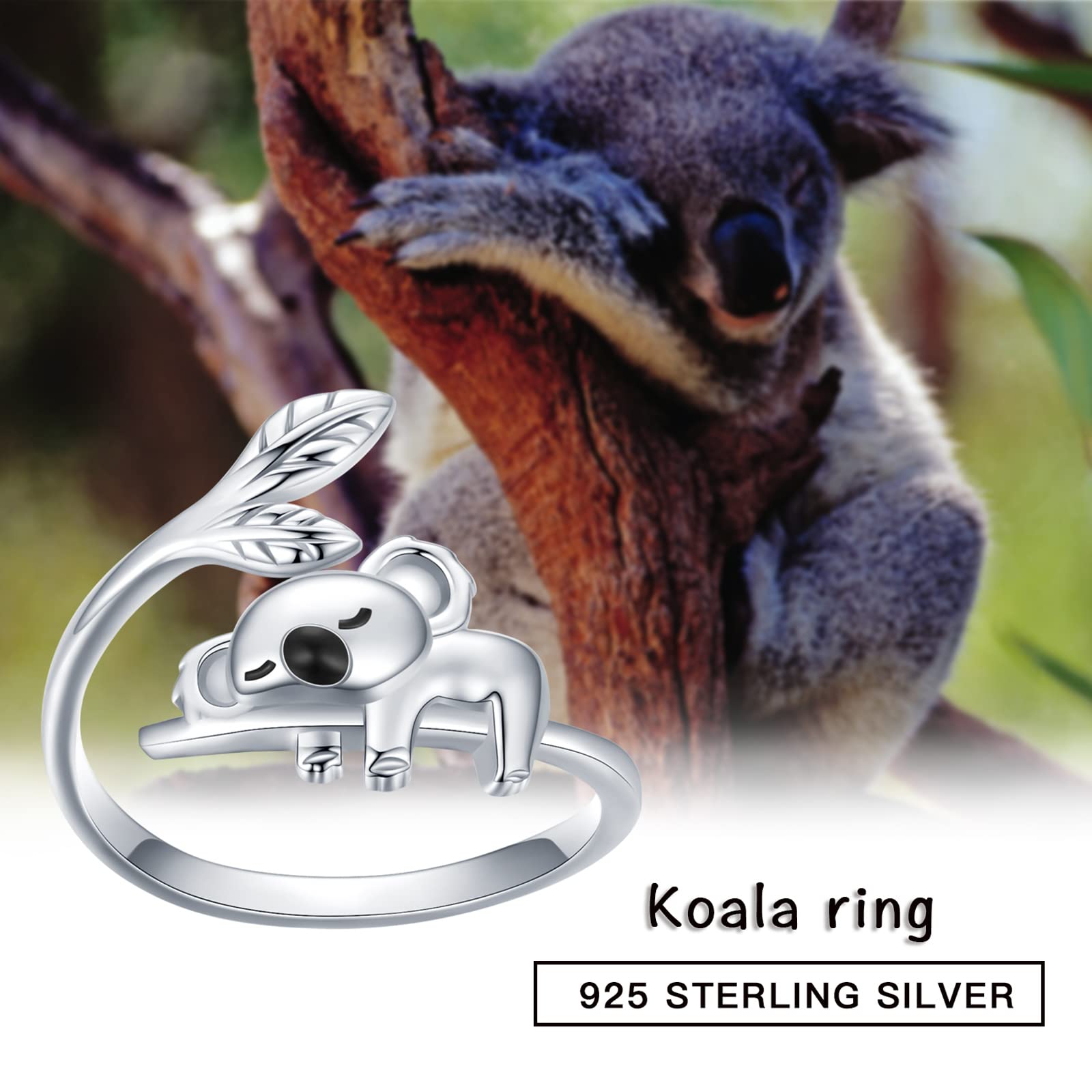 Koala - Anillo de plata de ley 925 para mujer, diseño de koala ajustable, abierto, con bonito animal para niñas