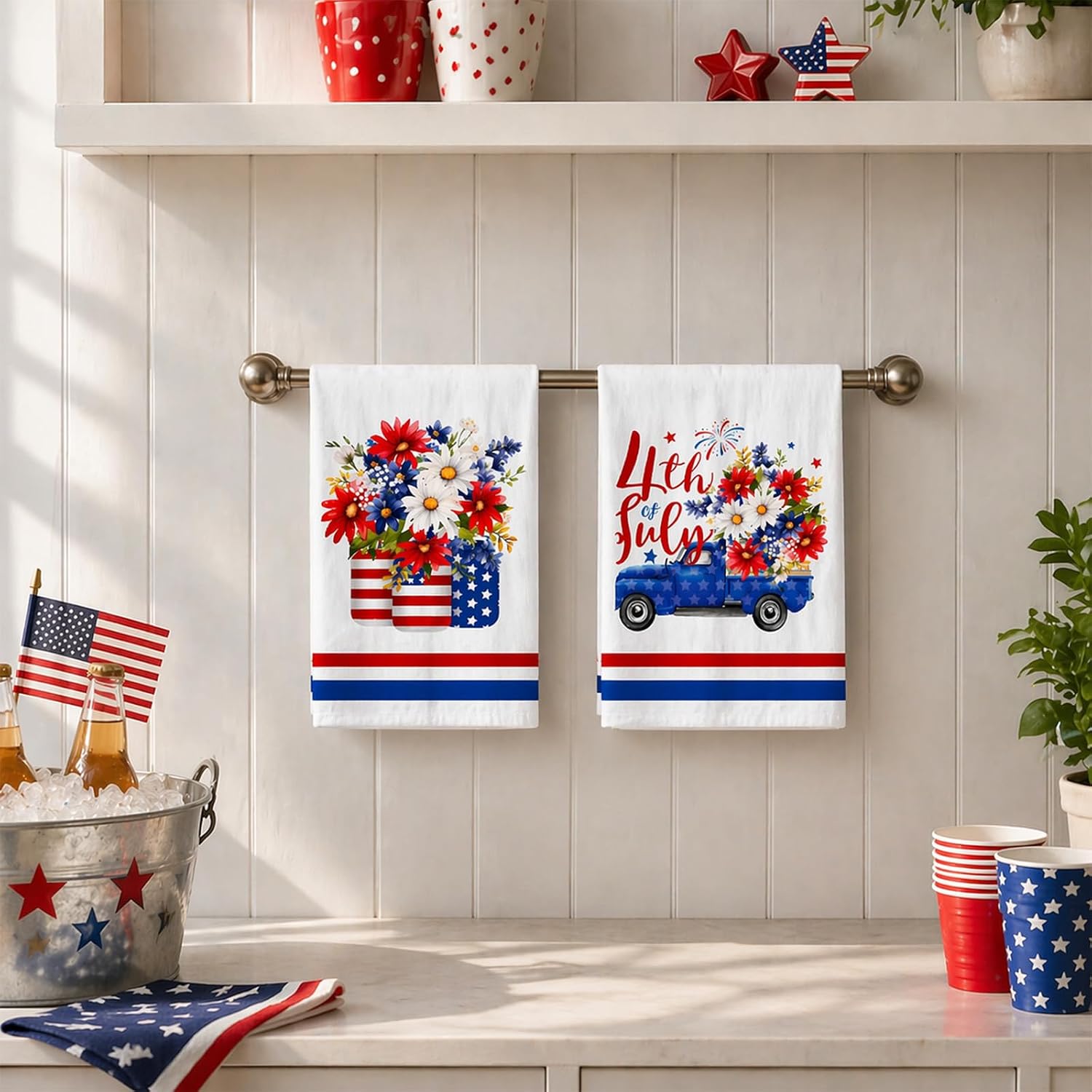 4 PCS 4th of July Kitchen Towels Daisy Stars Dish Towels Set Red White Blue Patriotic Hand Towels Independence Day Decorations for Memorial Day 250 Anniversary American Housewarming Gifts15.7" X 23.6"